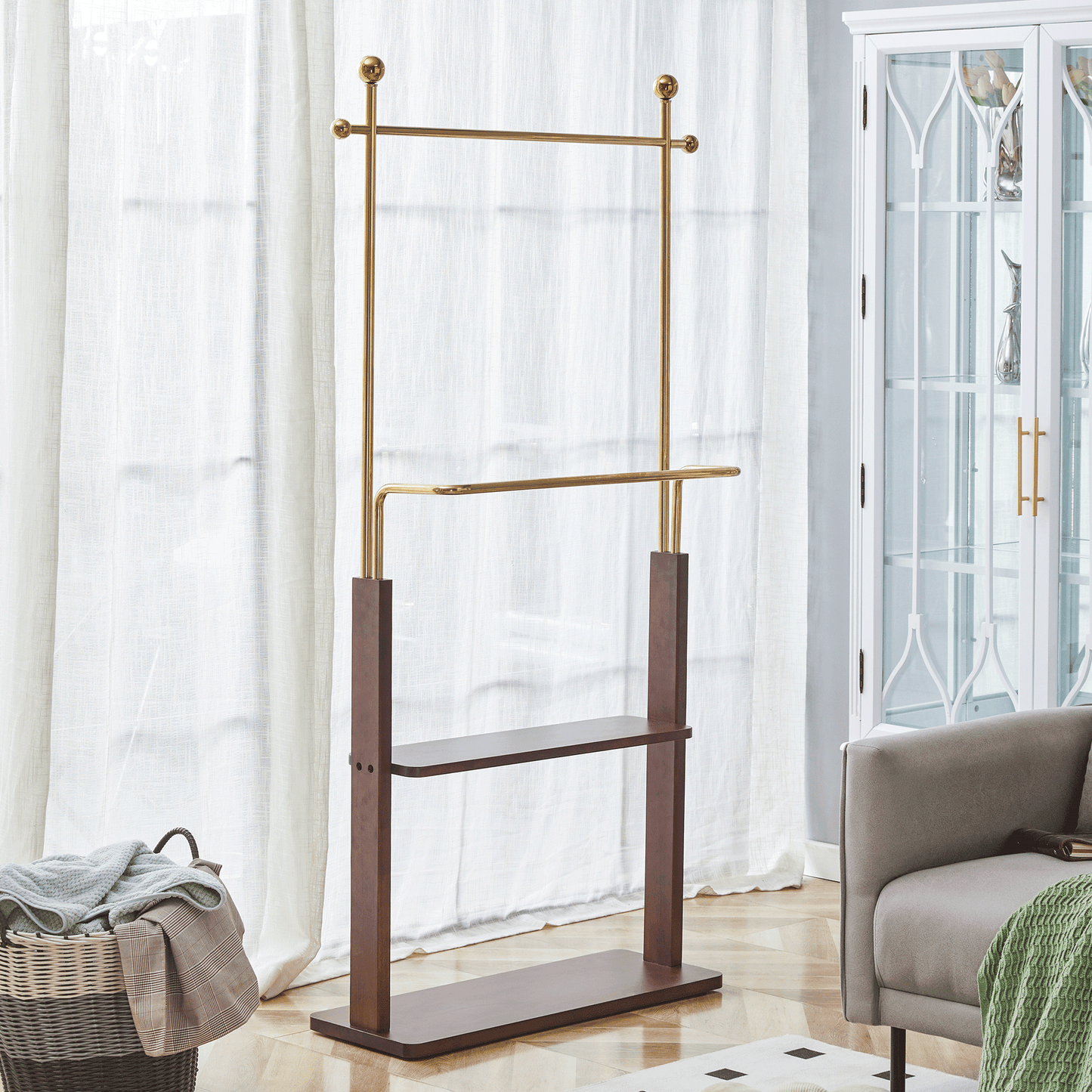 Jopath Solid Wood Doubleâ€‘Layer Coat Rack Golden Stainlessâ€‘Steel Frame 36.2â€‘Inch Walnut