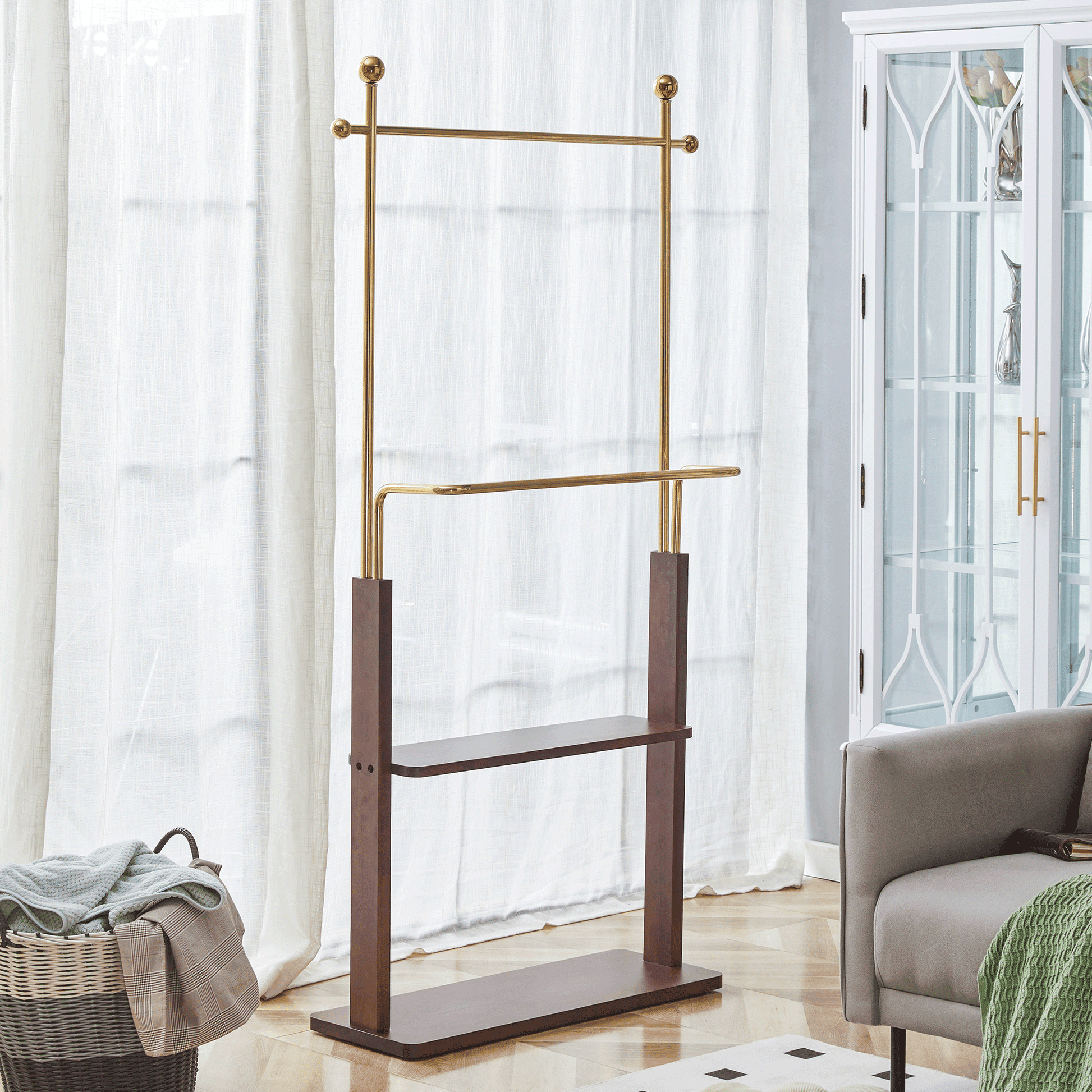 Jopath Solid Wood Doubleâ€‘Layer Coat Rack Golden Stainlessâ€‘Steel Frame 36.2â€‘Inch Walnut