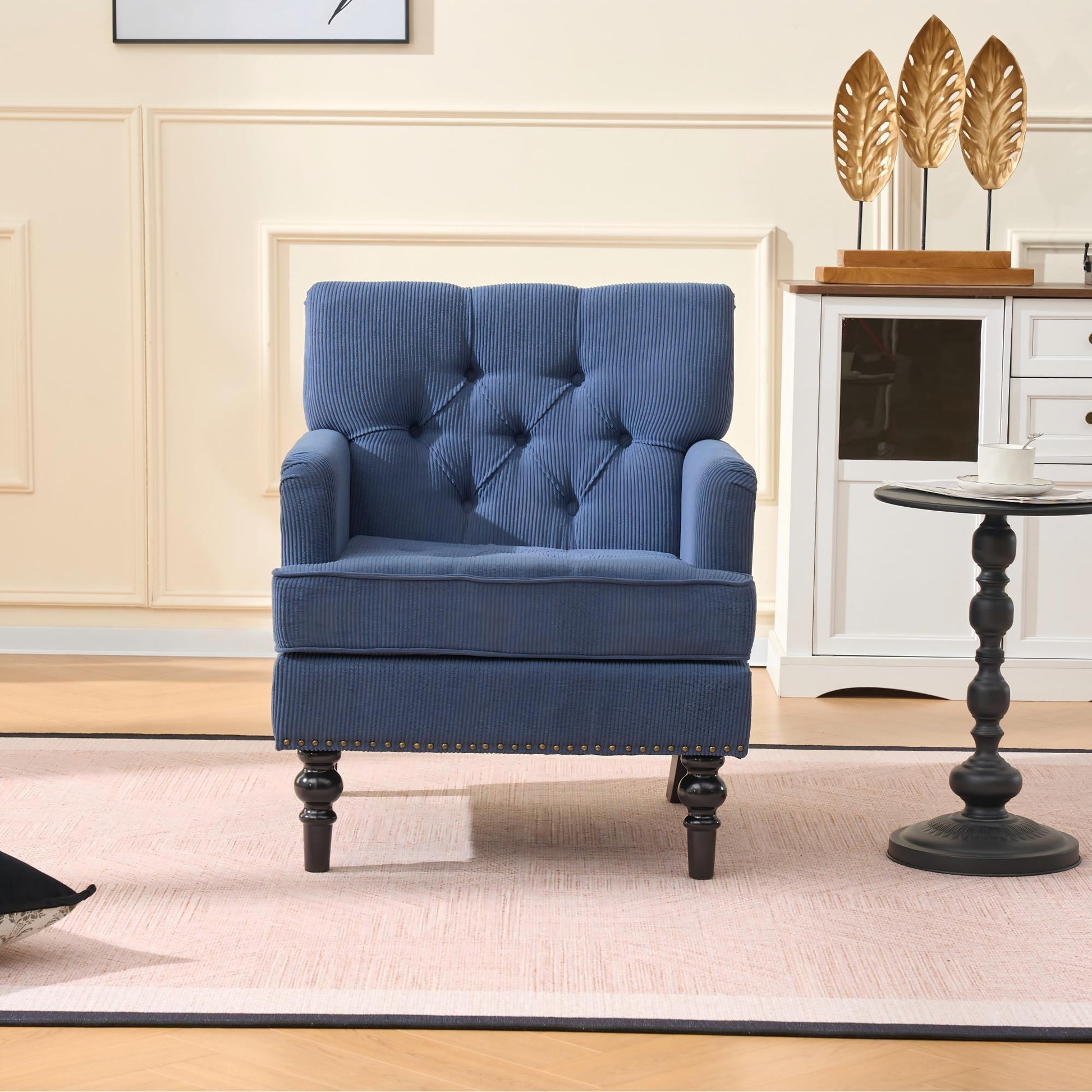 Jopath Tufted Club Chair, Accent Chair, Upholstered Button Armchair, Linen Fabric Corduroy Sofa Chairs For Bedroom, Living Room, Mid Century Modern With Studded Reading Chair Blue