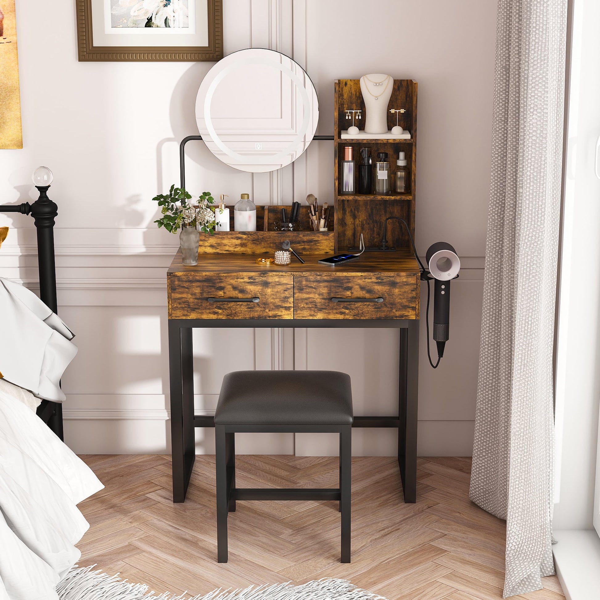 Jopath Vanity Desk with Mirror and Lights,Makeup Vanity Table with 2 Drawers and Metal Leg,Dressing Table for Bedroom,Dressing Room,Brown