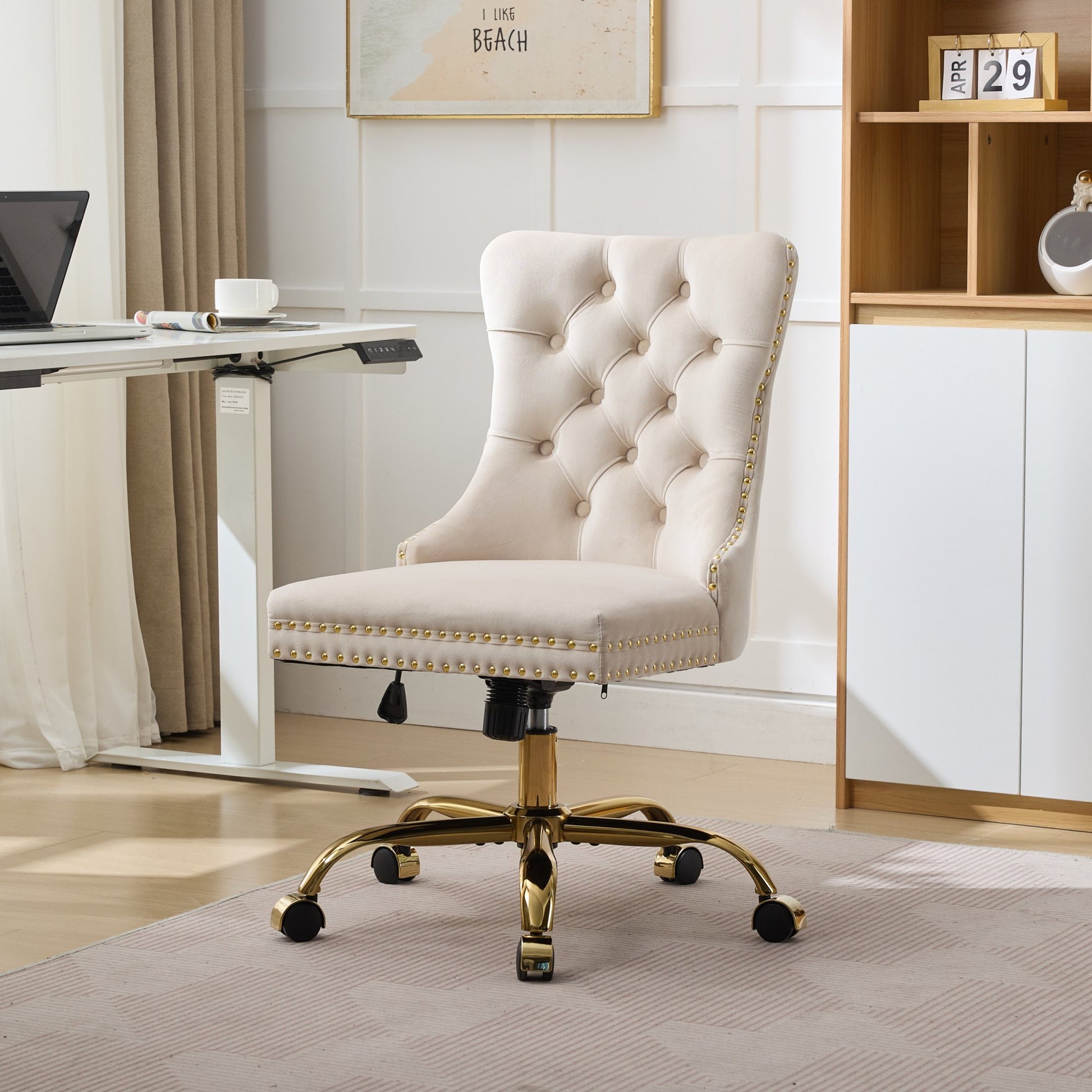 Jopath Velvet Home Office Desk Chair with Wheels & Gold Base, Makeup Vanity Chair with Tufted Back, Adjustable Desk Chair Swivel Office Chair for Bedroom, Beige