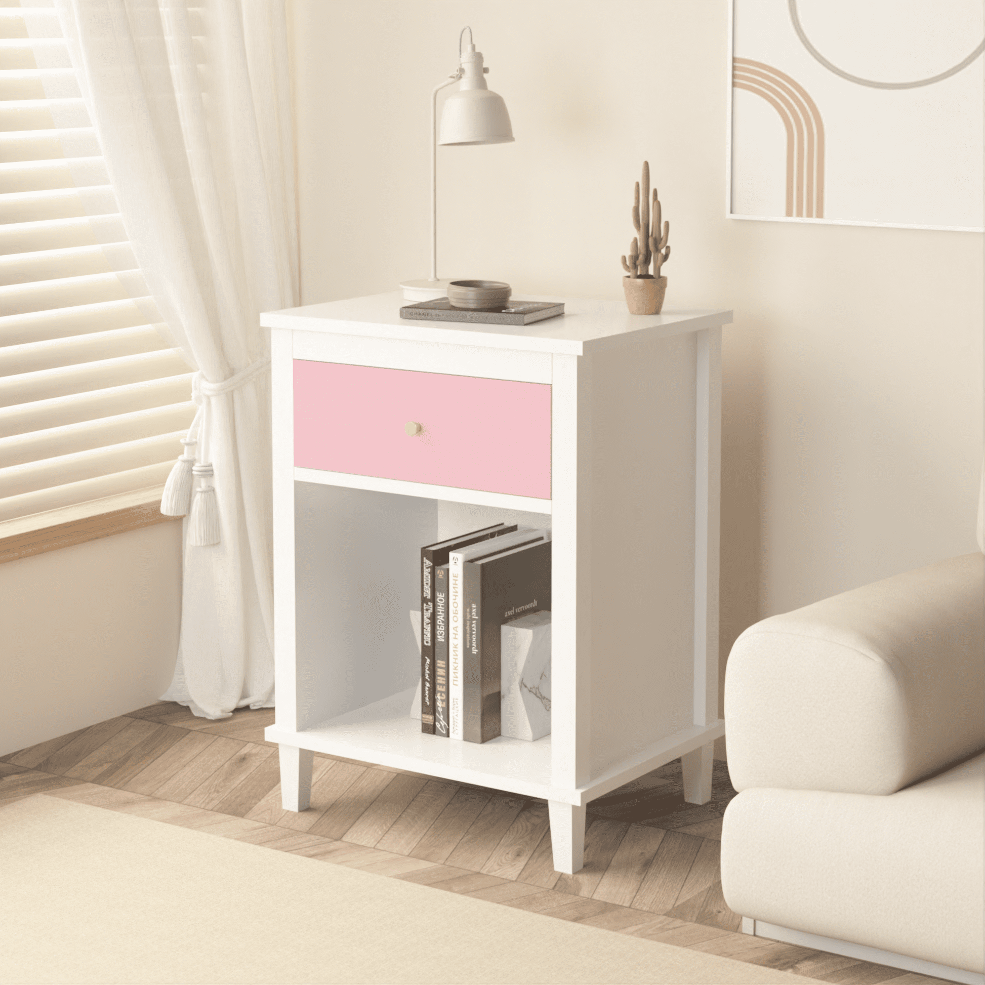 Jopath Wooden Nightstand with One Drawer & One Shelf for Kids, Adults,26.77''H,Pink02