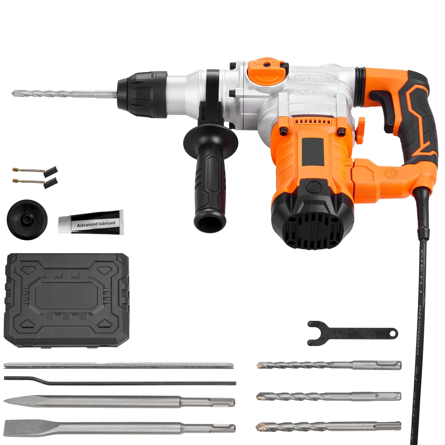 KFFKFF 1-1/8 in SDS-Plus Electric Corded Rotary Hammer Drill, Heavy Duty Tool with 3 Drill Bits, Flat and Pointed Chisels, Grease, Brush, and Carrying Case, Suitable for Concrete and Masonry