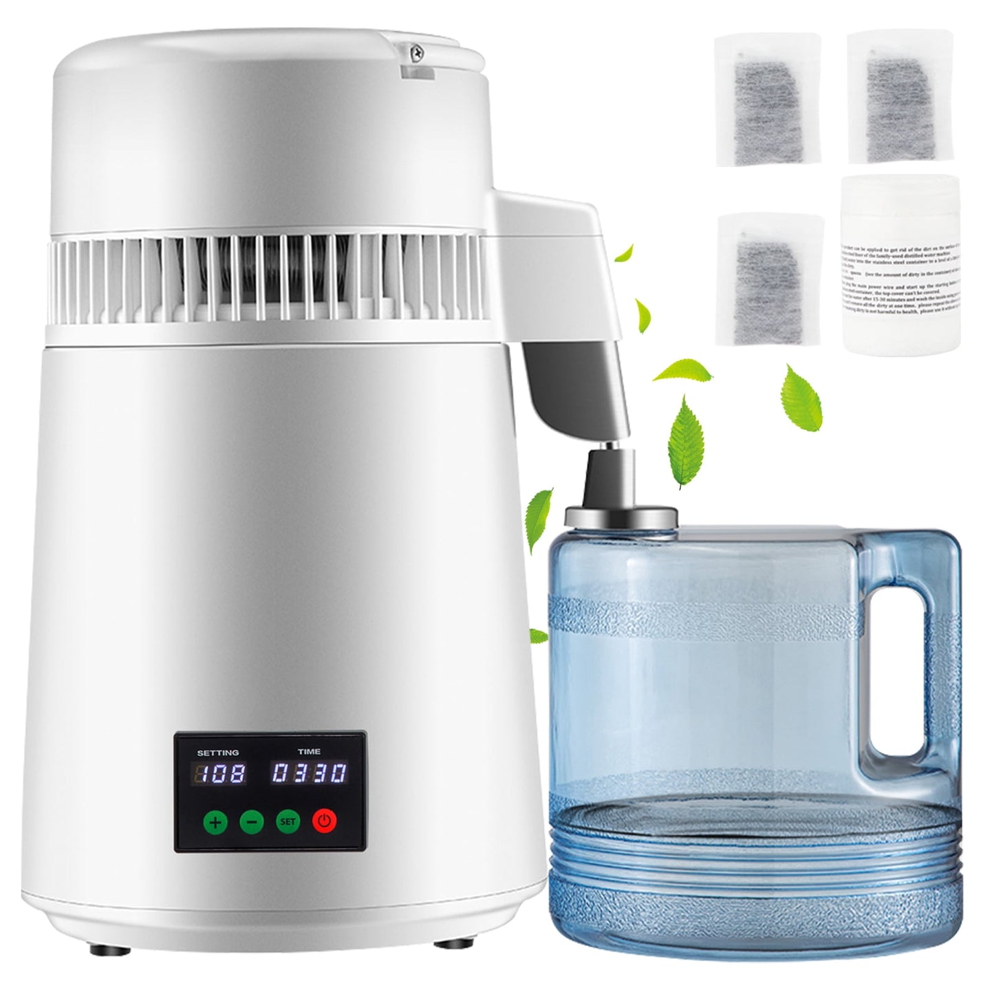 KFFKFF 1.1 Gallon Distiller, 0.3 Gallon/Hour, 750 Watt Distiller 0-99 Hour Timer Set Temperature Display, 304 Stainless Steel Countertop Still Carafe Cleaning Powder 3 Carbon Packets, White
