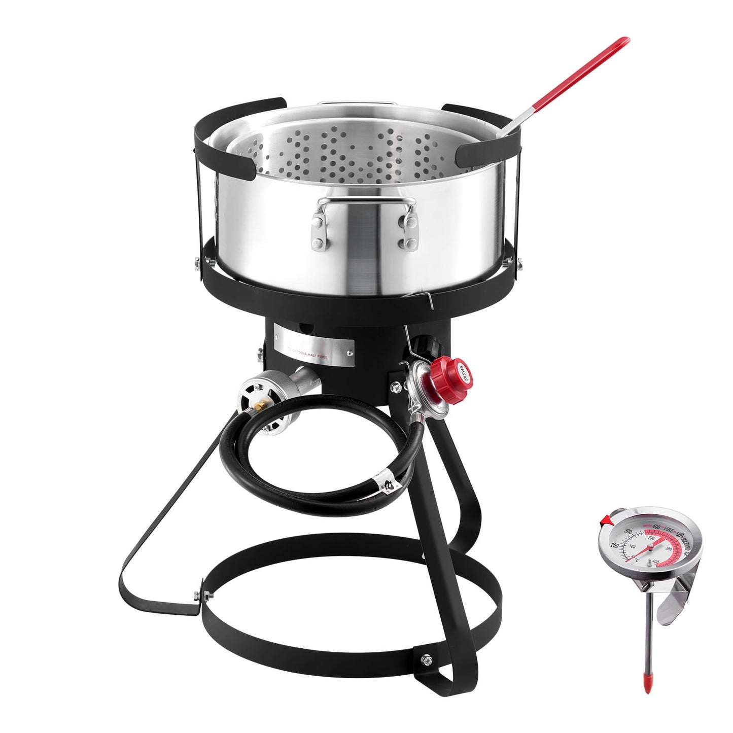 KFFKFF 10 Qt Aluminum Propane Fryer Kit, Outdoor Deep Fryer with Thermometer, Strainer Basket, and 54,000 BTUs Burners, Ideal for Cooking Fish, Wings, and Seafood Outdoors