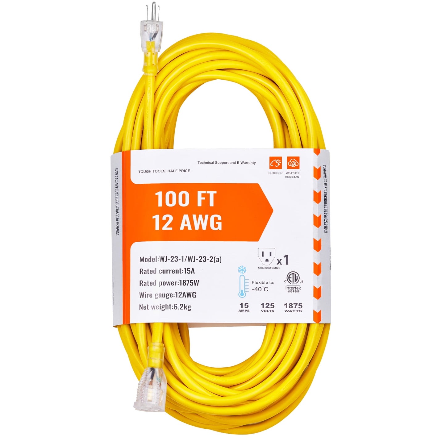 KFFKFF 100FT Robust Extension Cable, 12AWG 15Amps 1875W, Triple Plug Indoor Outdoor Electrical Wire with Illuminated Tip, Bendable & -40Â°C Cold-Tolerant for Yard, Carport,Household Use, ETL Certified