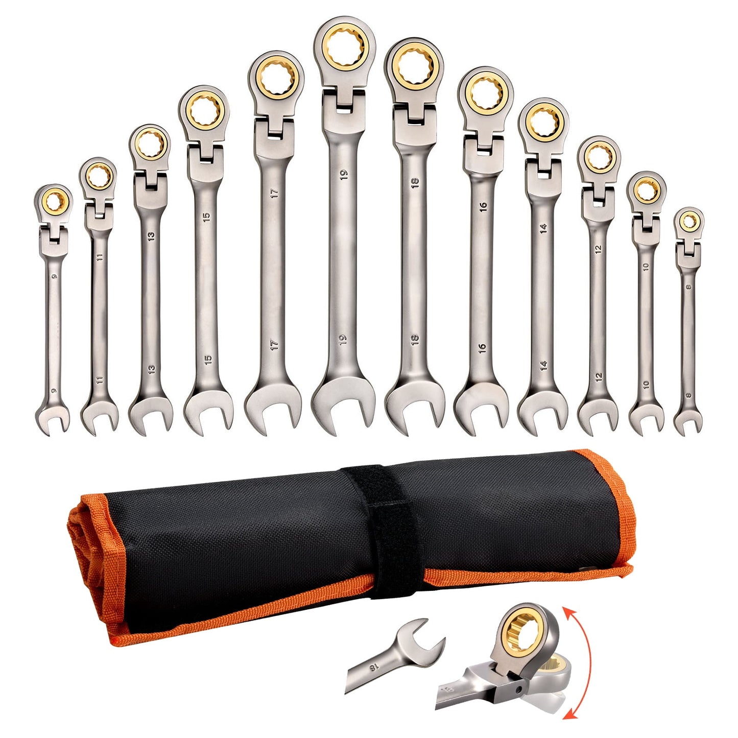 KFFKFF 12-Piece Metric Flex-Head Ratcheting Wrench Set, 8 mm to 19 mm, 72-Tooth Cr-V Steel Combination Wrenches with Roll-Up Pouch, Ideal for Household and Automotive Maintenance