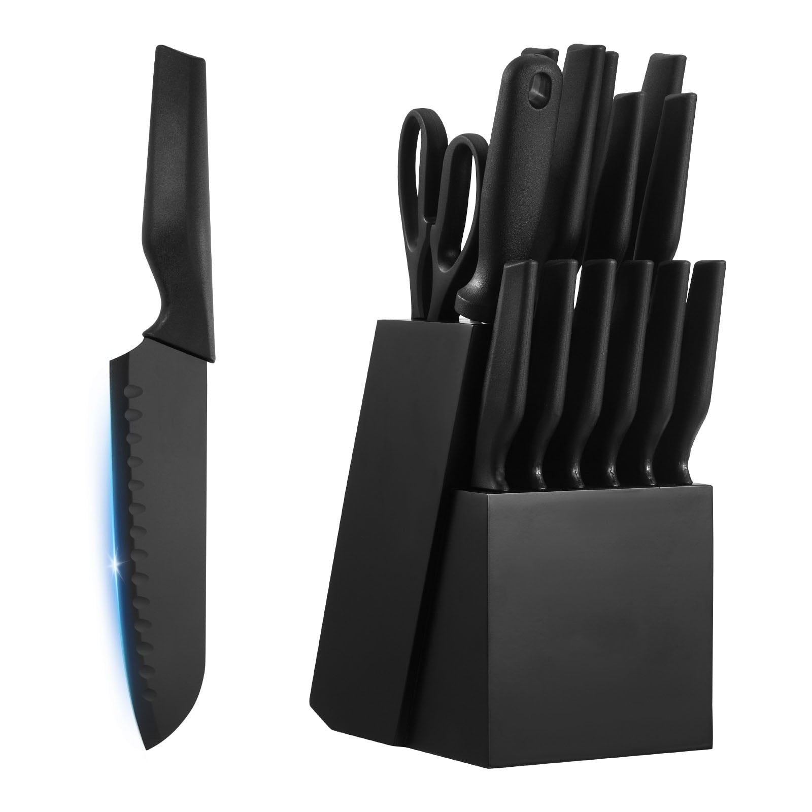 KFFKFF 15-Piece Kitchen Knife Set with Wooden Block and Sharpener, High Carbon Stainless Steel Blades, Ergonomic Handles, Sharpening Rod, Ideal for Home Cooking