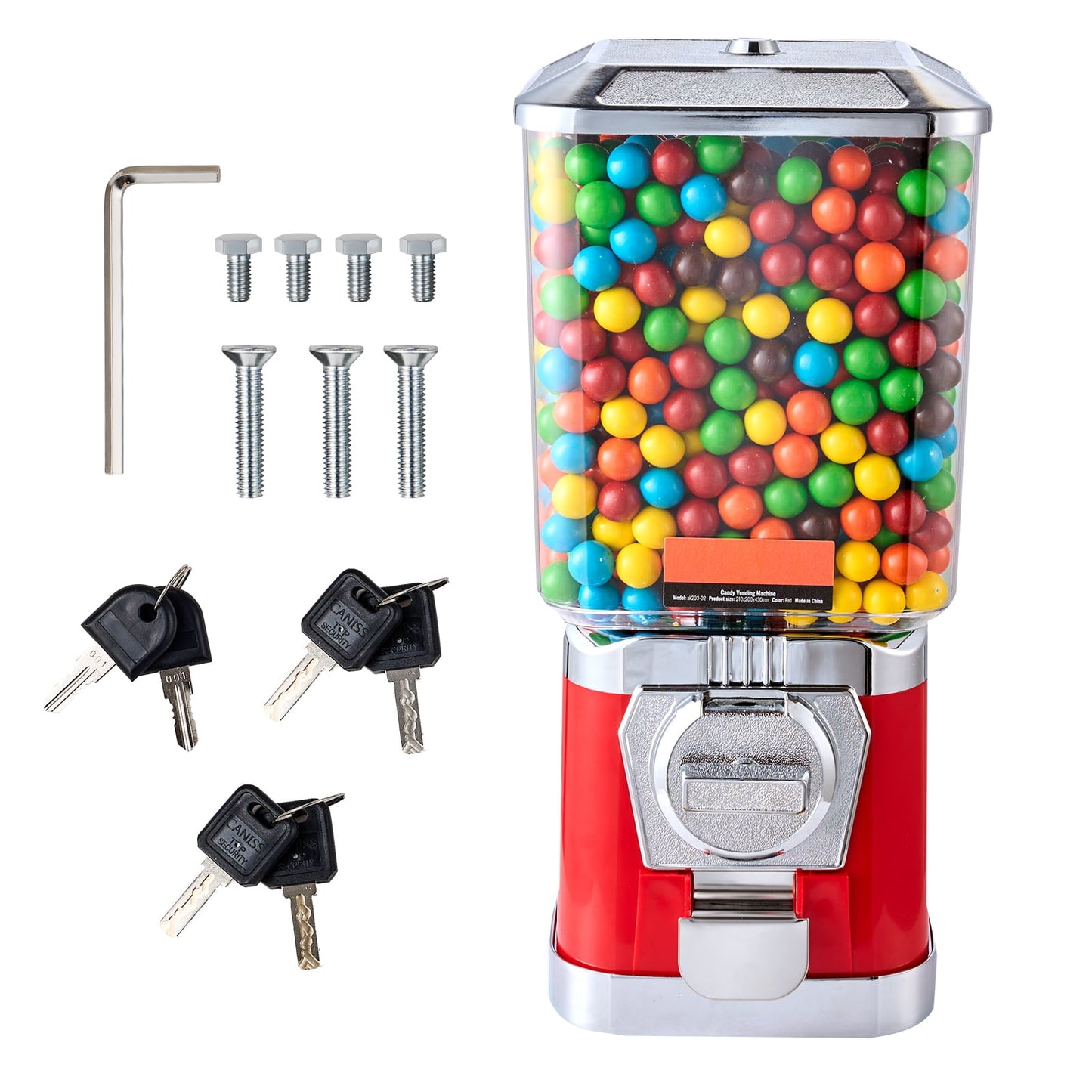 KFFKFF 17" Tall Gumball Machine for Kids, Coin-Operated Candy Dispenser, Durable PC Bubble Gum Vending Machine for Toys, Capsules, Bouncy Balls, and Sweets, Red