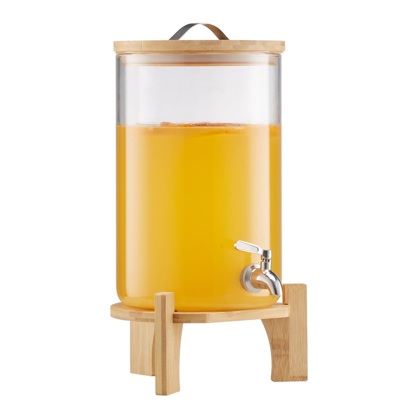 KFFKFF 2.2 Gallon Glass Beverage Dispenser with Wooden Stand, Stainless Steel Spigot, Ideal for Serving Iced Tea, Lemonade, Juice, and Water at Gatherings