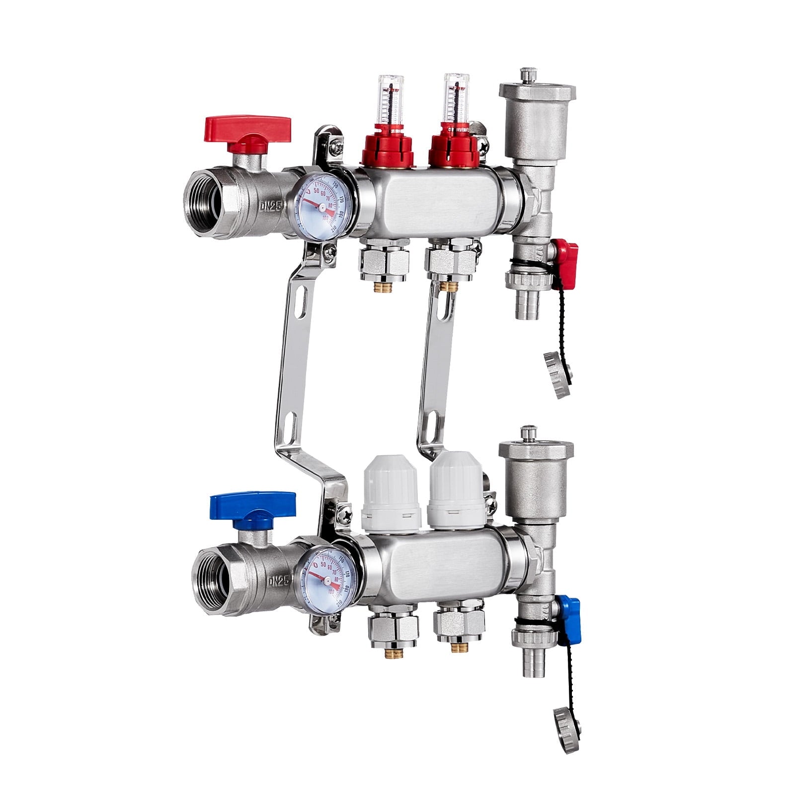 KFFKFF 2-Branch Radiant Heat Manifold, 1/2" PEX Tubing Compatible, Stainless Steel Manifold for Hydronic Radiant Floor Heating, Radiant Heat Kit with 1/2" Adapters Included