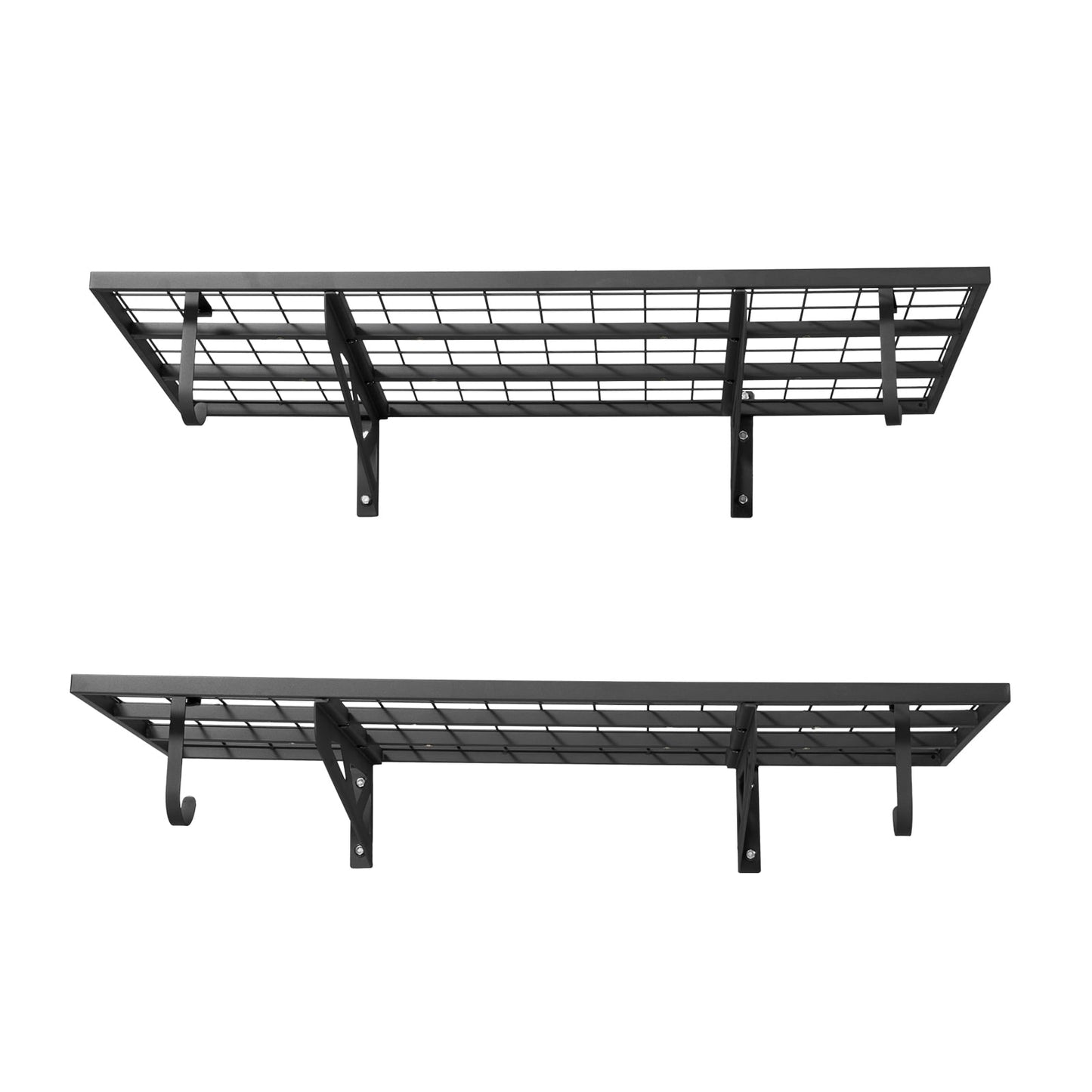 KFFKFF 2-Tier Steel Wall-Mounted Garage Shelving, 2 x 4 ft Heavy-Duty Storage Unit with Hooks, 24 x 48 Inch Floating Metal Racks, 500 lbs Total Weight Capacity, Black