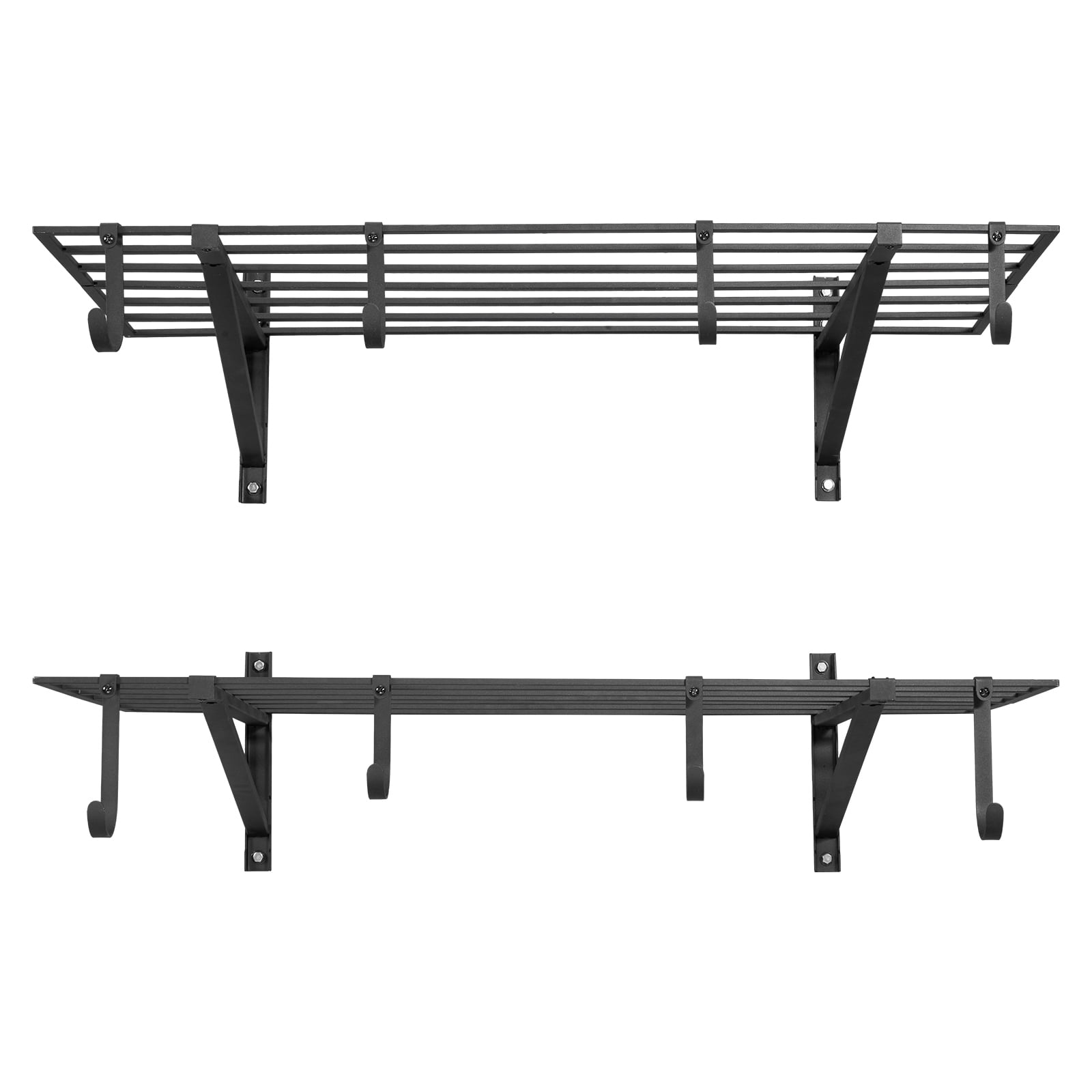 KFFKFF 2-Tier Steel Wall-Mounted Garage Shelving Unit, 24 x 48 Inch Floating Storage Rack with Hooks, Heavy-Duty Metal Shelves for Garage Organization, Supports Up to 520 lbs, Black