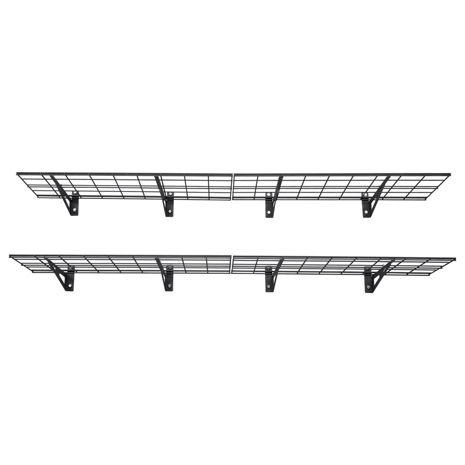 KFFKFF 2-Tier Wall-Mounted Garage Shelving, Set of 4 Steel Units, 1 x 3 ft Each, 12 x 72 Inch Per Shelf, Floating Metal Storage Rack for Garage, Supports Up to 600 lbs, Black