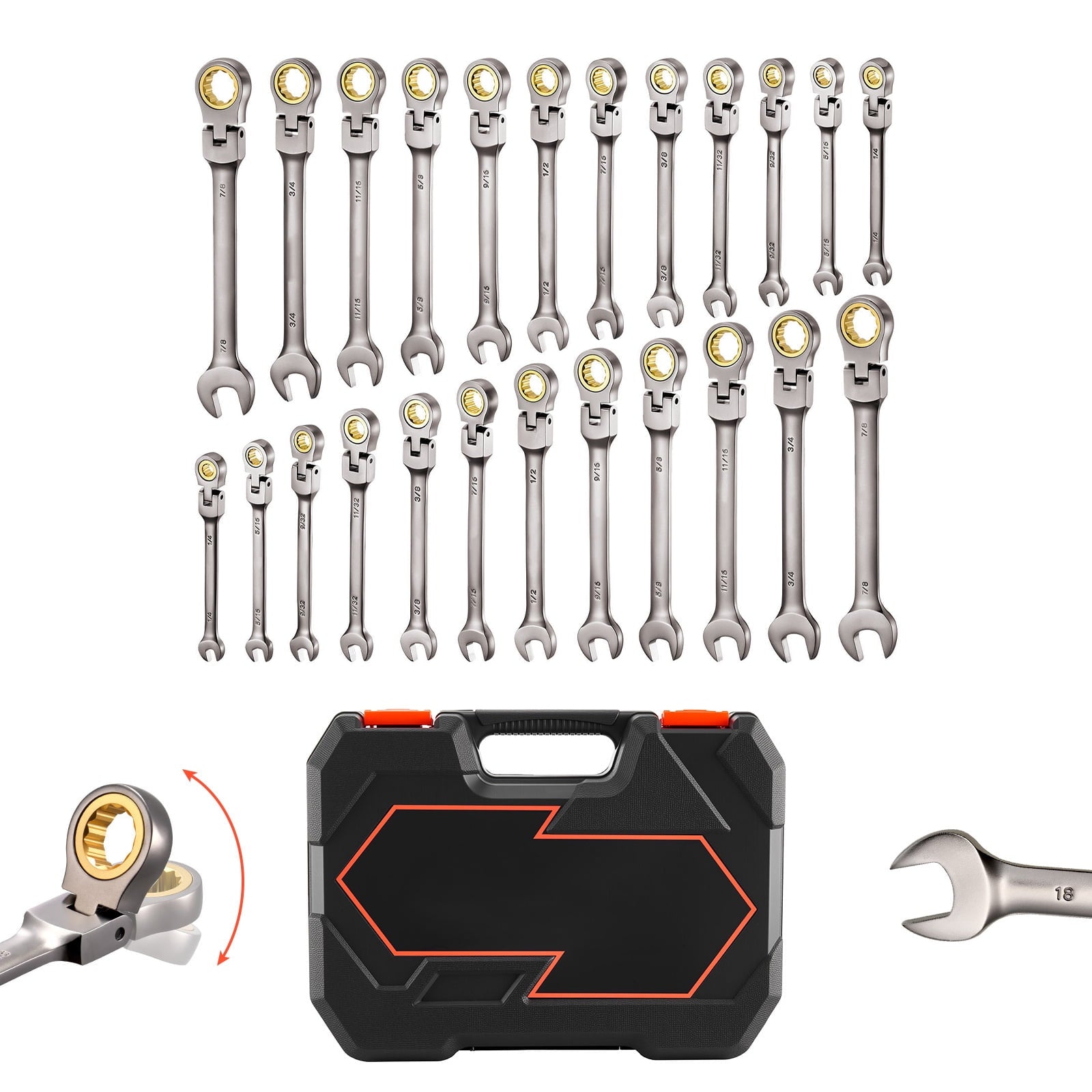 KFFKFF 24-Piece Flex-Head Ratcheting Wrench Set, SAE and Metric Sizes, 72-Tooth Cr-V Steel Ratchet Combination Wrenches with Storage Case, Ideal for Household and Automotive Repairs