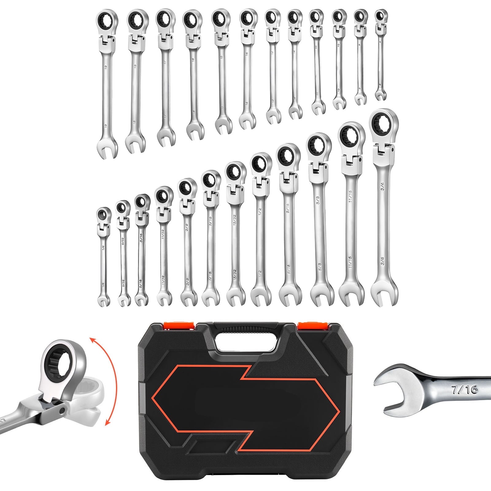 KFFKFF 24-Piece Flex-Head Ratcheting Wrench Set, SAE and Metric Sizes, 72-Tooth Cr-V Steel Ratchet with Flexible Combination Design, Includes Storage Case, Ideal for Household and Automotive Repairs