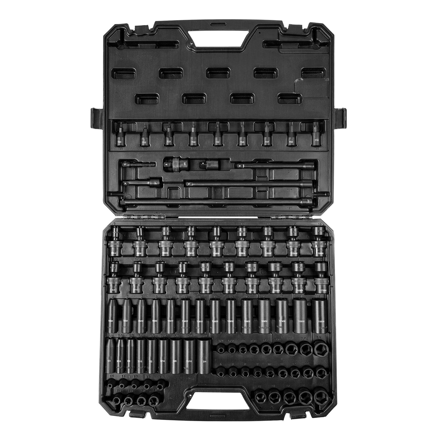 KFFKFF 3/8" Drive Impact Socket Set, SAE 1/4"-3/4" and Metric 6-19mm, 90 Piece Socket Set, 6 Point Cr-Mo Alloy Steel for Vehicle Maintenance, Comes with Extension Bars Universal Joint Adapter