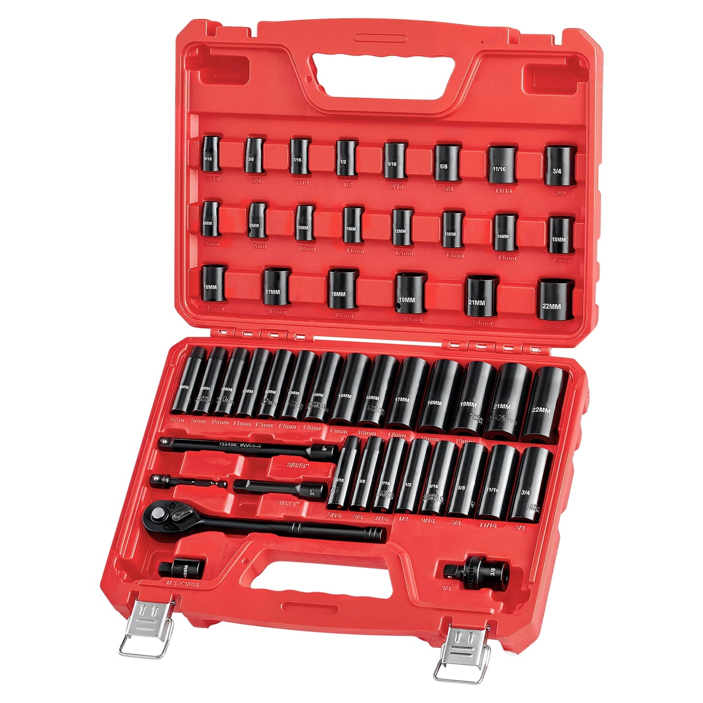 KFFKFF 3/8 Inch Drive Impact Socket Set, 50 Pieces, 6-Point Deep & Shallow Sockets, SAE (5/16 Inch to 3/4 Inch) and Metric (8 to 22 mm) Sizes with 3-Inch & 6-Inch Extension Bars, Cr-V Steel