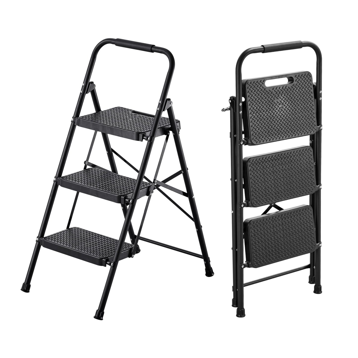 KFFKFF 3-Step Folding Ladder with Wide Non-Slip Pedals and Comfortable Handgrip, Lightweight Steel Design with 600 lbs Capacity, Versatile Use for Kitchen, Home, Office, and More, Black