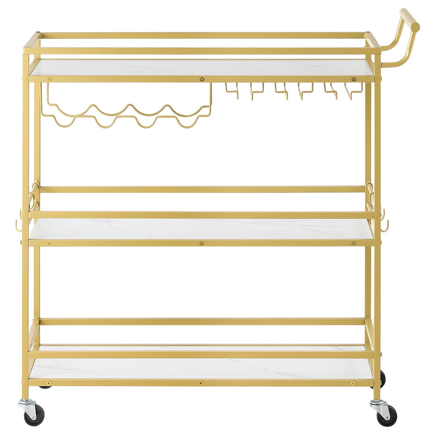KFFKFF 3-Tier Bar Cart with Wheels, Modern Rolling Utility Cart for Home and Kitchen, Mobile Beverage Trolley with Wooden Shelves, Wine Rack, and Glass Holder, 35.83x12.99x36.81 in, Gold
