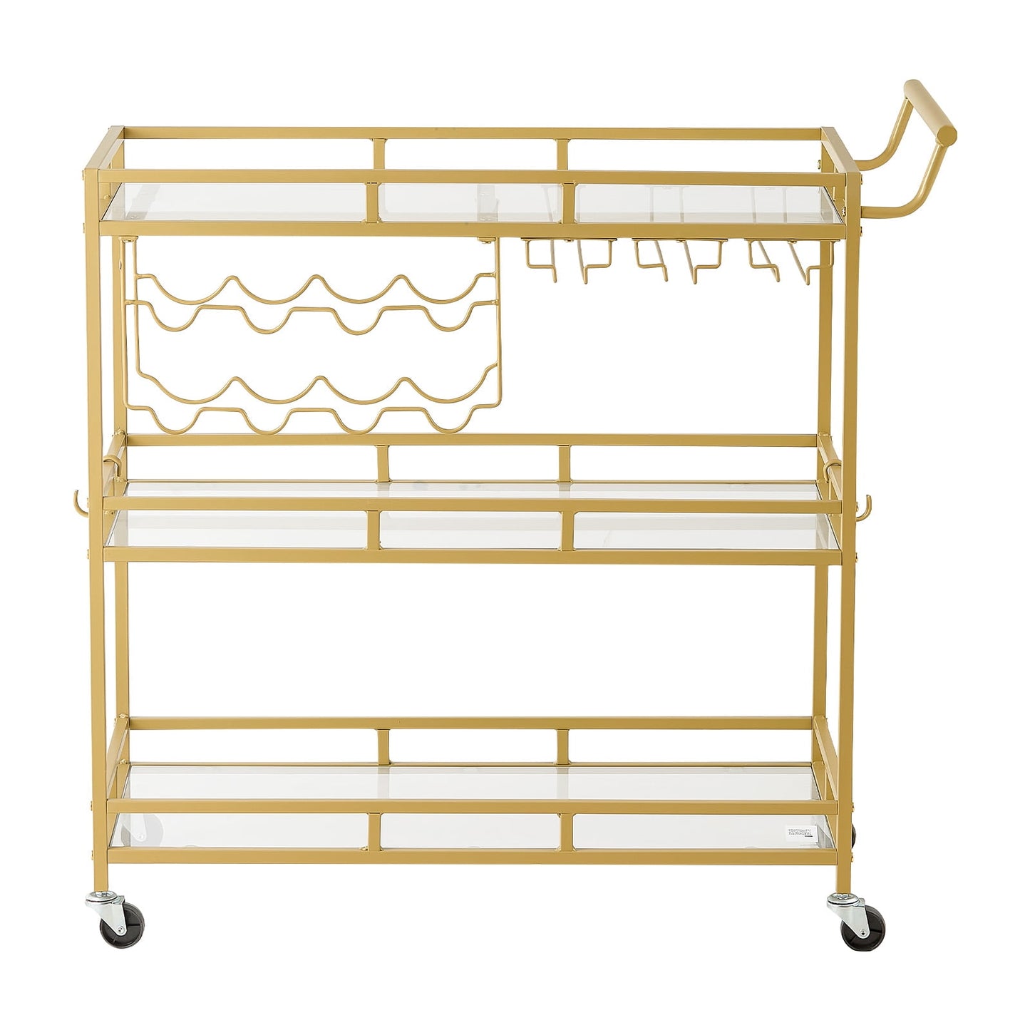 KFFKFF 3-Tier Bar Cart with Wheels, Modern Rolling Utility Cart for Kitchen and Home, Tempered Glass Shelves, Wine Rack, Glass Holder, Ideal for Living and Dining Spaces, Gold
