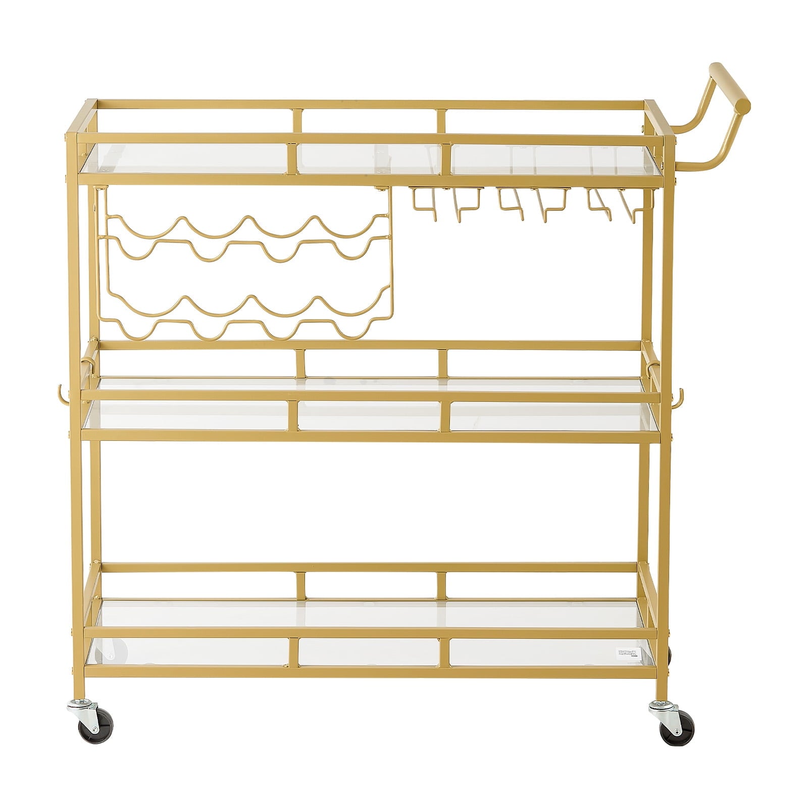 KFFKFF 3-Tier Bar Cart with Wheels, Modern Rolling Utility Cart for Kitchen and Home, Tempered Glass Shelves, Wine Rack, Glass Holder, Ideal for Living and Dining Spaces, Gold