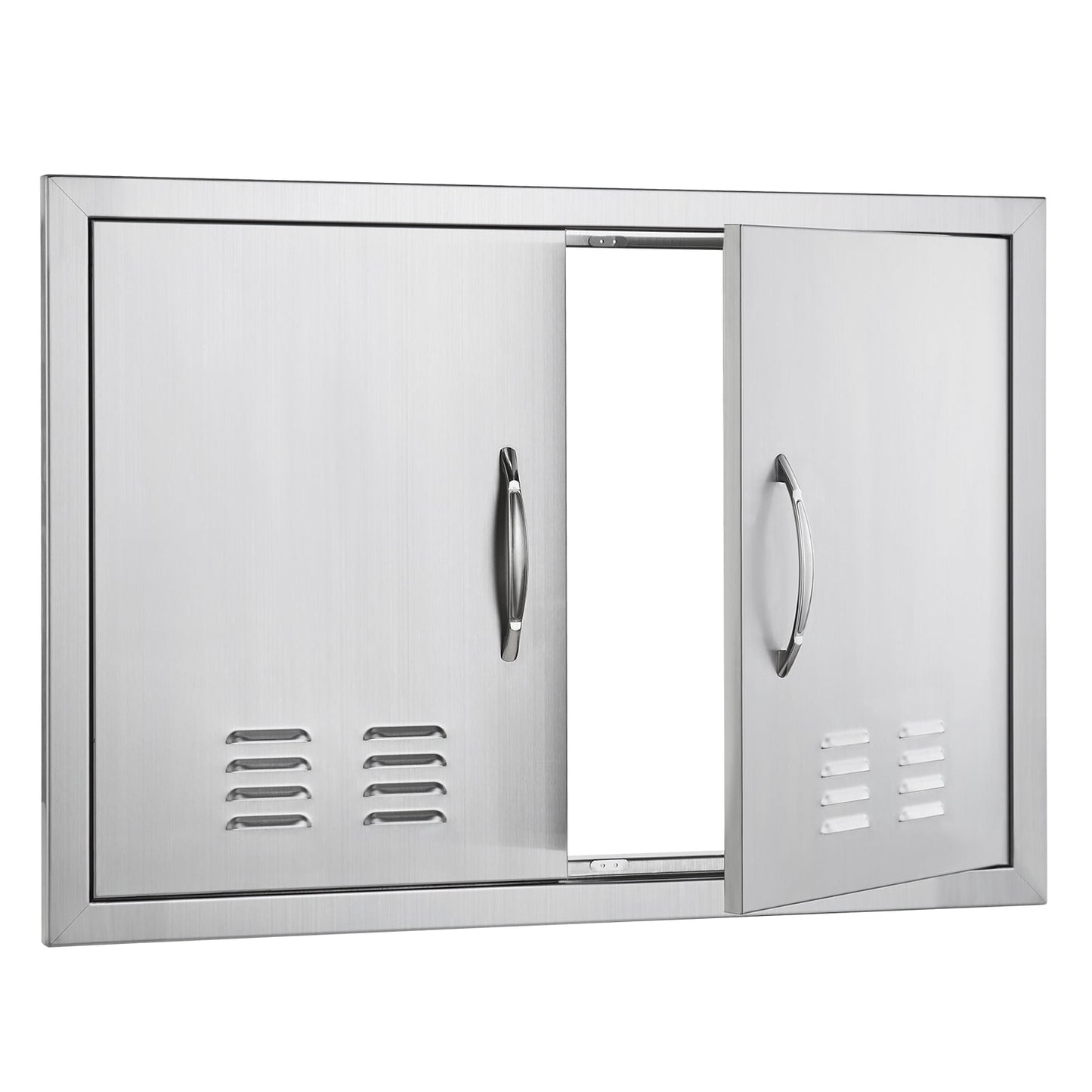 KFFKFF 30 x 21 In Double Outdoor Kitchen Access Door, Stainless Steel Flush Mount Design with Handles and Vents, Stainless Steel, Silver