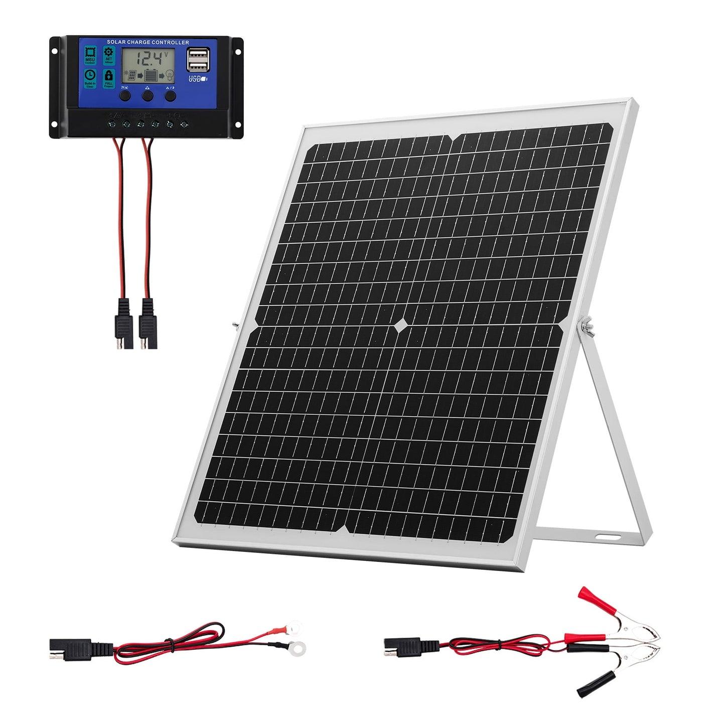 KFFKFF 30W 12V Solar Panel Charger with MPPT Controller & Adjustable Mount, IP65 Waterproof for Vehicles, Boats, RVs, Motorcycles, and Sheds