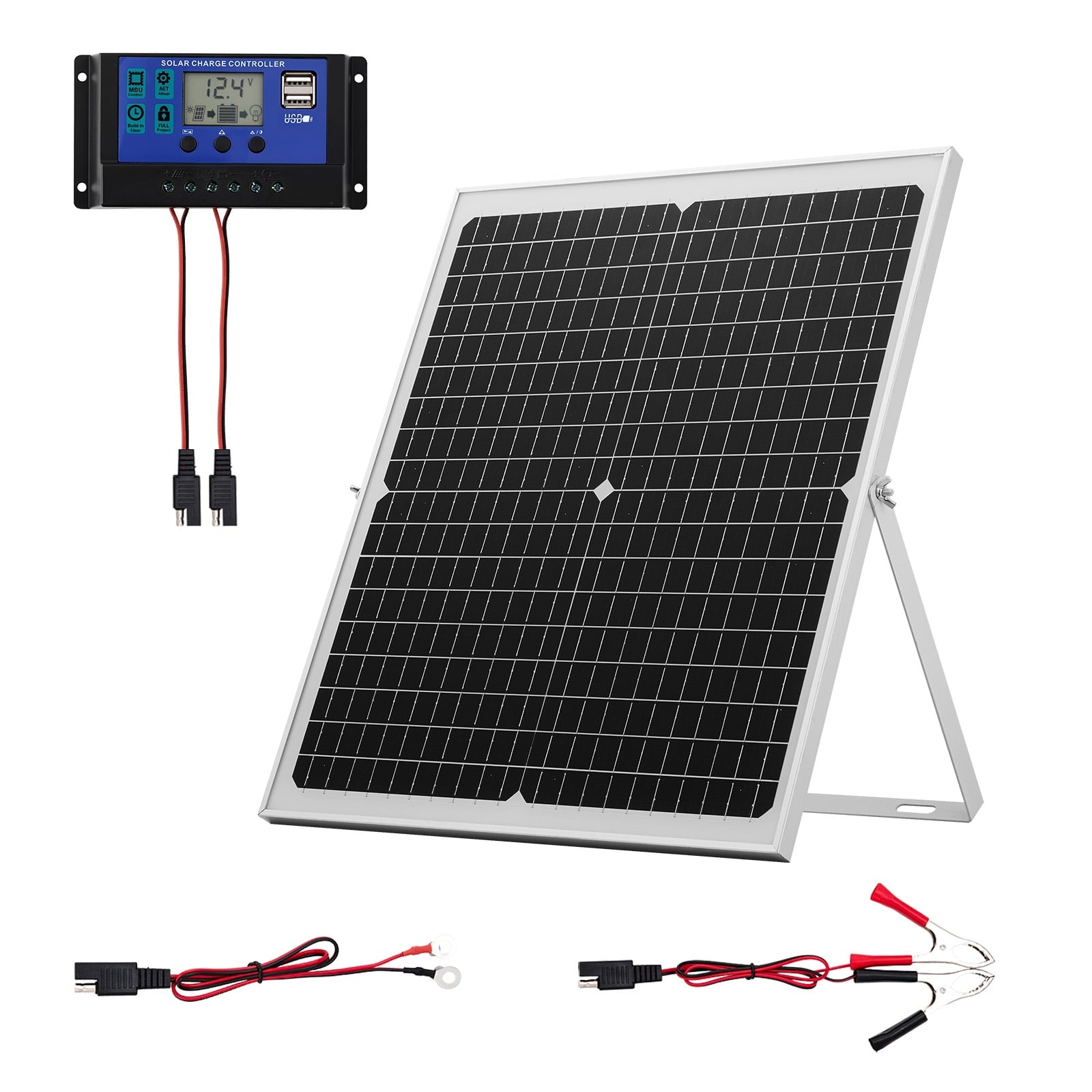 KFFKFF 30W 12V Solar Panel Charger with MPPT Controller & Adjustable Mount, IP65 Waterproof for Vehicles, Boats, RVs, Motorcycles, and Sheds