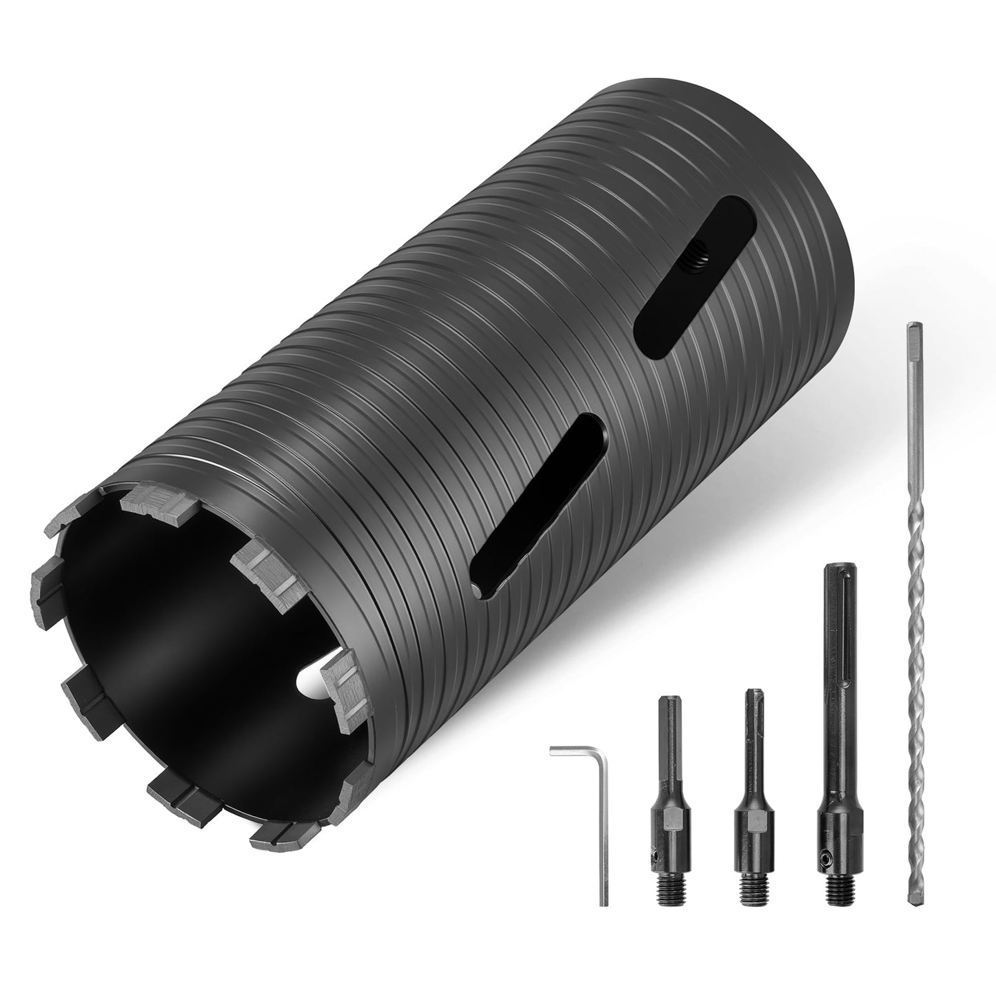 KFFKFF 4-1/2 Inch Diamond Core Drill Bit, 9-1/2 Inch Depth, 5/8-11 Thread, Includes 3 Adapters, Pilot Drill, and Hex Wrench, Suitable for Concrete, Brick, and Masonry