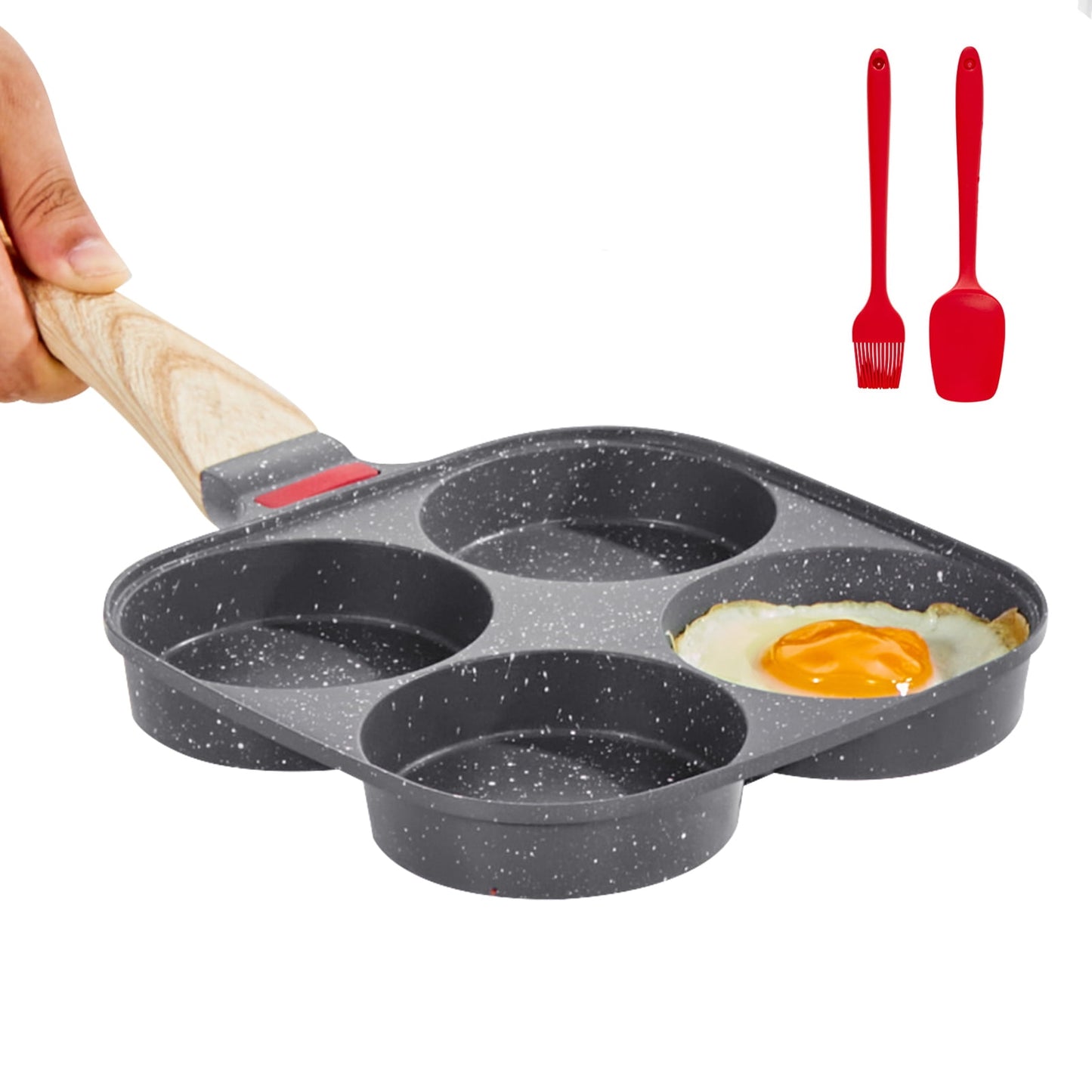 KFFKFF 4-Cup Nonstick Egg Frying Pan, Aluminum Omelette Skillet for Breakfast, Pancakes, Burgers, Sandwiches, Includes Lid, Oil Brush, Scraper, Works with Gas and Induction Stoves