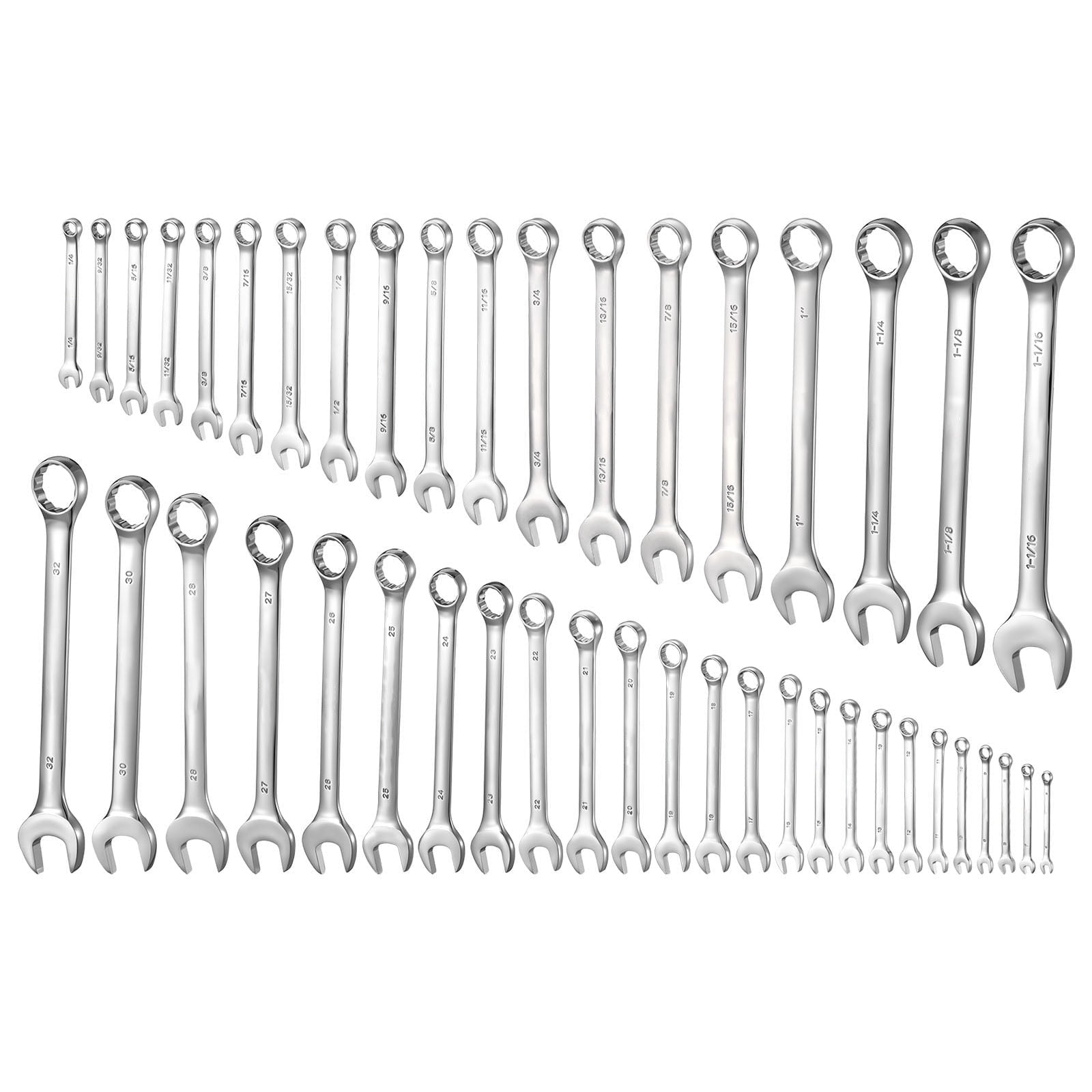 KFFKFF 44-Piece SAE and Metric Combination Wrench Set, 12-Point Box End with 15Â° Angled Open End, Includes Roll-Up Pouch, Carbon Steel, Ideal for Household and Automotive Maintenance