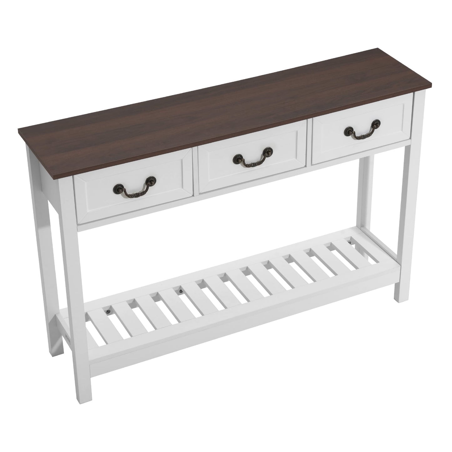 KFFKFF 47-inch Wooden Console Table with Drawers and Lower Storage Shelf, Rustic Narrow Sofa Table for Entryway, Bedroom, Living Room, or Hallway, Brown and White Finish