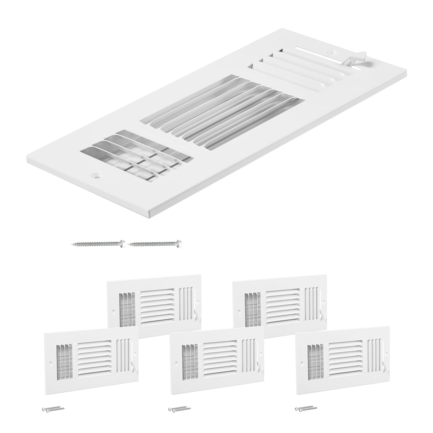 KFFKFF 4x10 Inch Wall Registers, Set of 6, HVAC Triple-Direction Iron Vent Covers for Residential/Commercial Wall & Ceiling, Anti-Corrosion Air Flow Diverter Adjustable with Metal Regulator, White