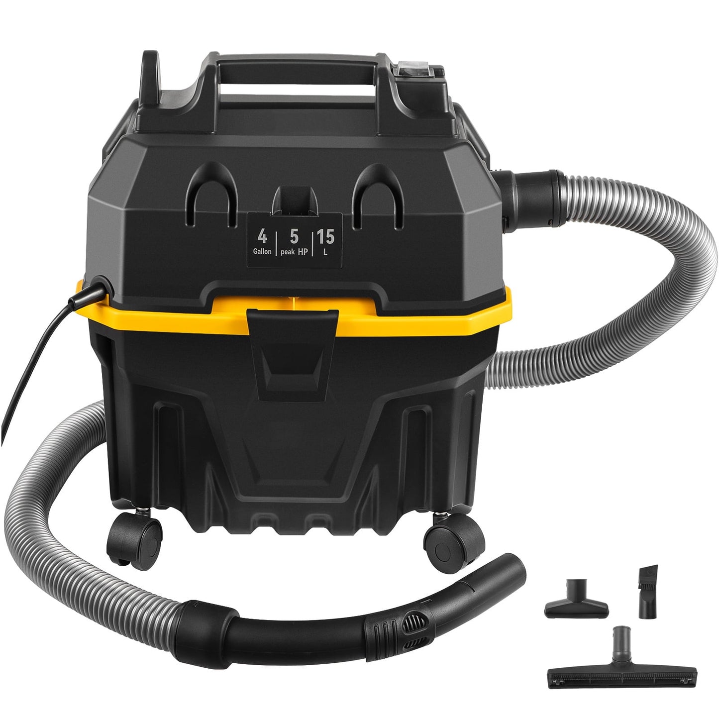 KFFKFF 5 Peak HP 4-Gallon Wet Dry Vacuum, 3-in-1 Portable Shop Vacuum with Blower Function, ETL Certified, Carpet Floor Upholstery Crevice Cleaning Accessories for Car Home Garage, Black/Yellow