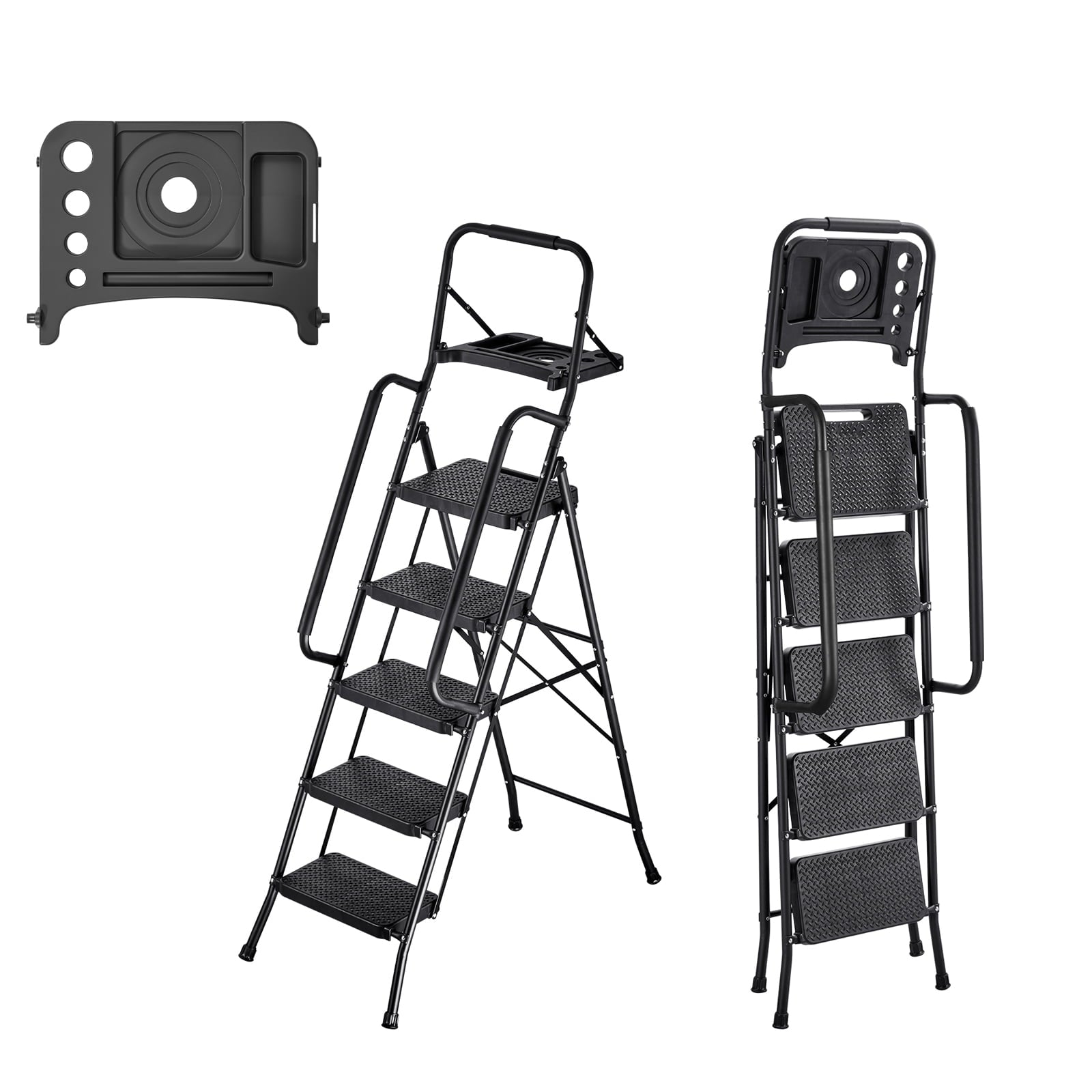 KFFKFF 5-Step Folding Ladder with Wide Non-Slip Pedals, Tool Tray, Dual Handrails, Capacity, Portable Steel Ladder for Kitchen, Home, and Office Use, Black