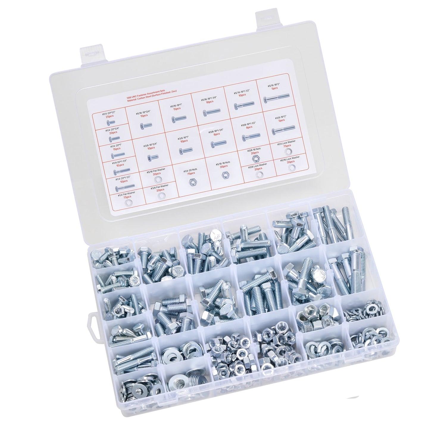 KFFKFF 566-Piece Bolts and Nuts Set, Assorted Machine Screws with Flat Washers, Alloy Steel 1/4-20, 5/16-18, 3/8-16, for Furniture, Equipment, and Vehicle Assembly, Galvanized Finish
