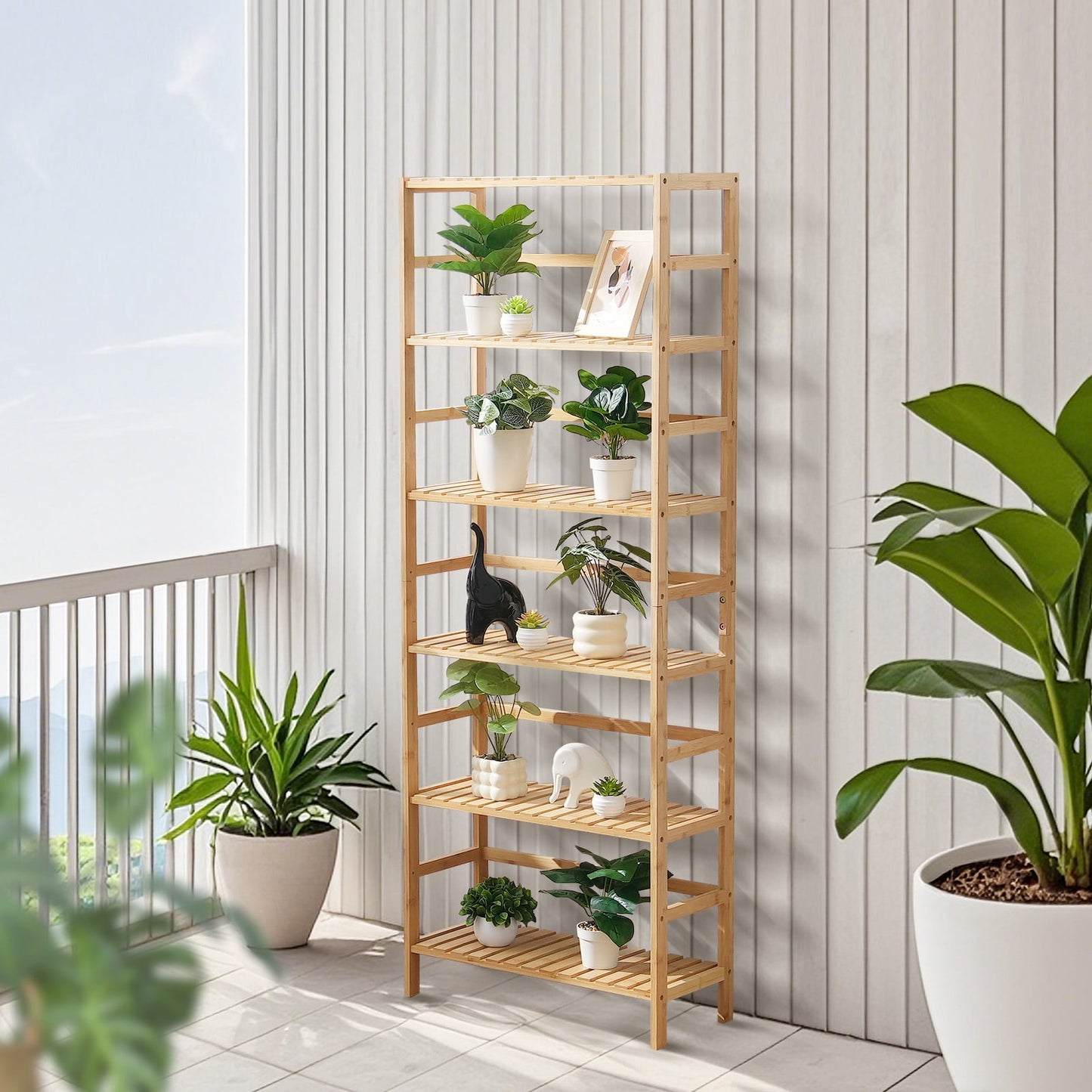 KFFKFF 6-Tier Bookshelf, 63.39" Storage Rack with 130lb Capacity, 100% Wood, Versatile Bamboo Shelving Perfect for Restroom, Workspace
