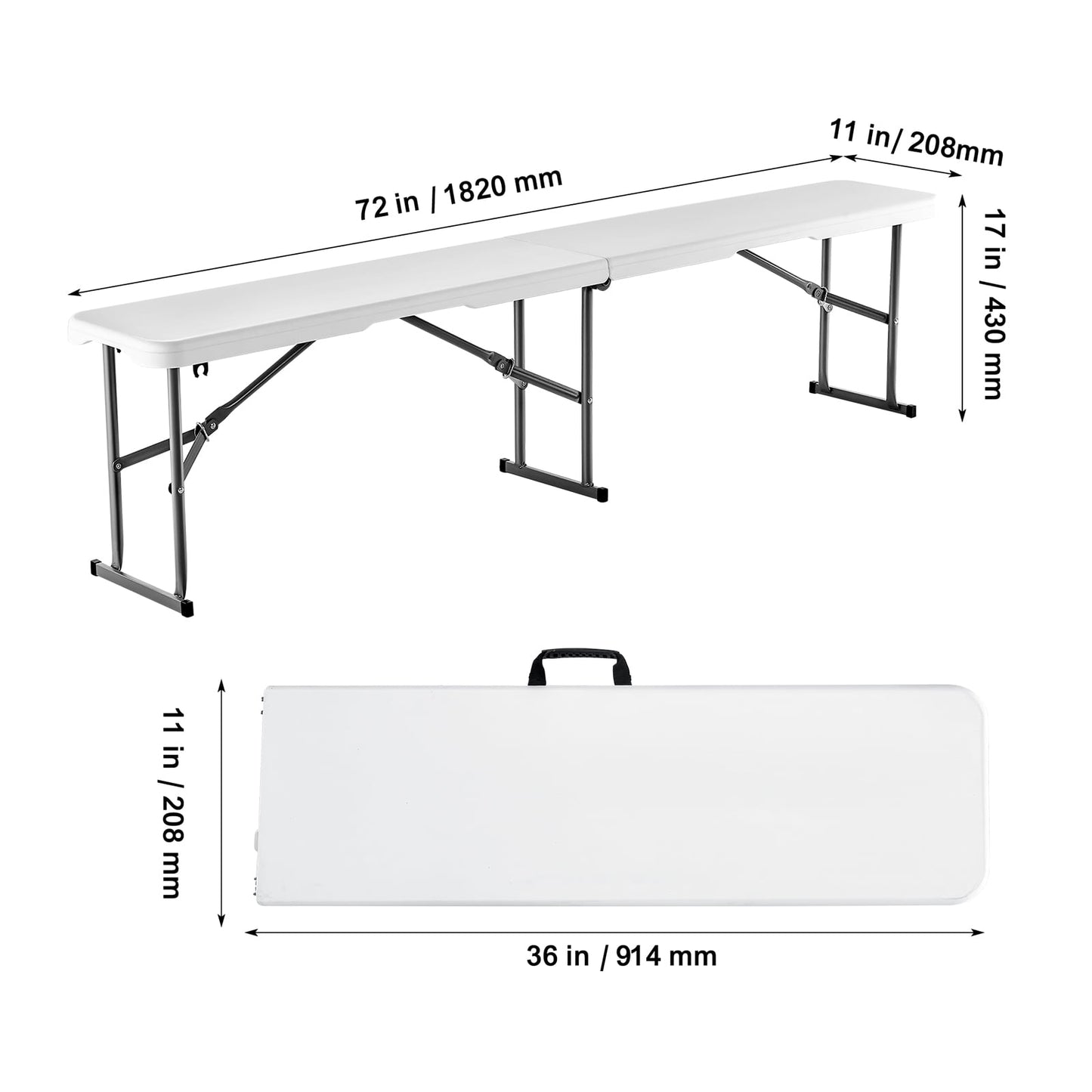 KFFKFF 6 ft Plastic Folding Bench, Portable Bench for Indoor and Outdoor Use, Foldable HDPE Seat for Camping, Dining, Garden, and Events, 2 Pack, White
