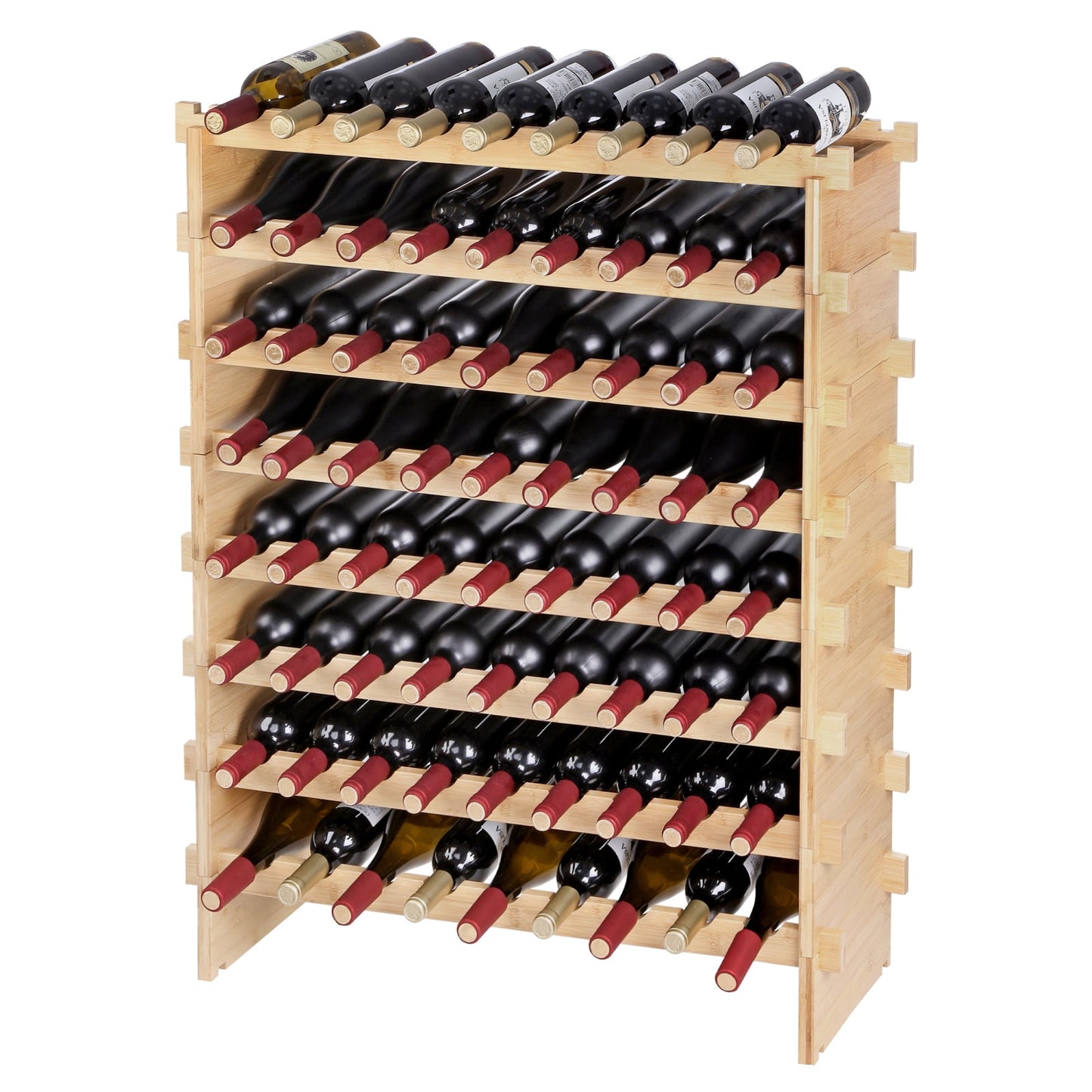 KFFKFF 72 Bottle Stackable Modular Wine Rack 8-Tier Bamboo Wood Display Shelf