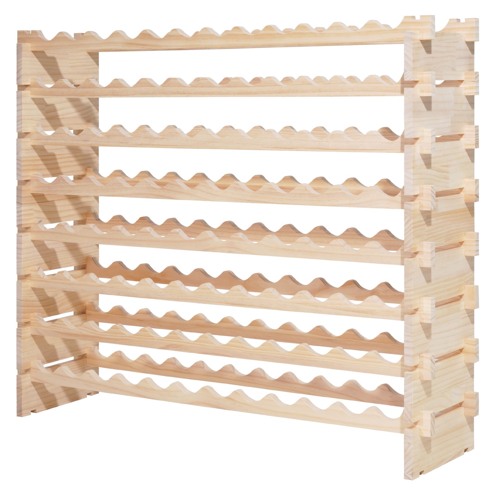 KFFKFF 96-Bottle Stackable Modular Wine Rack, 8-Tier Freestanding Wooden Wine Storage Shelf, Stable and Easy-to-Assemble Design for Kitchen, Cellar, or Bar, Natural Finish