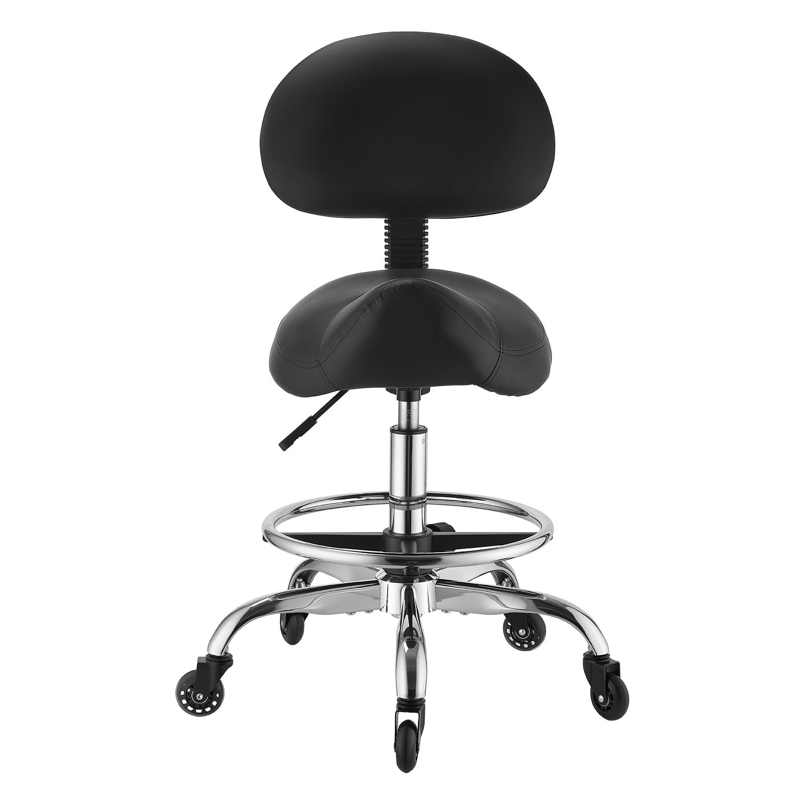 KFFKFF Adjustable Saddle Stool with Backrest and Footrest, 500 lbs Capacity, Quiet Wheels, PU Leather Seat, 360Â° Swivel Rolling Chair for Salon, Spa, Bar, Medical, Black
