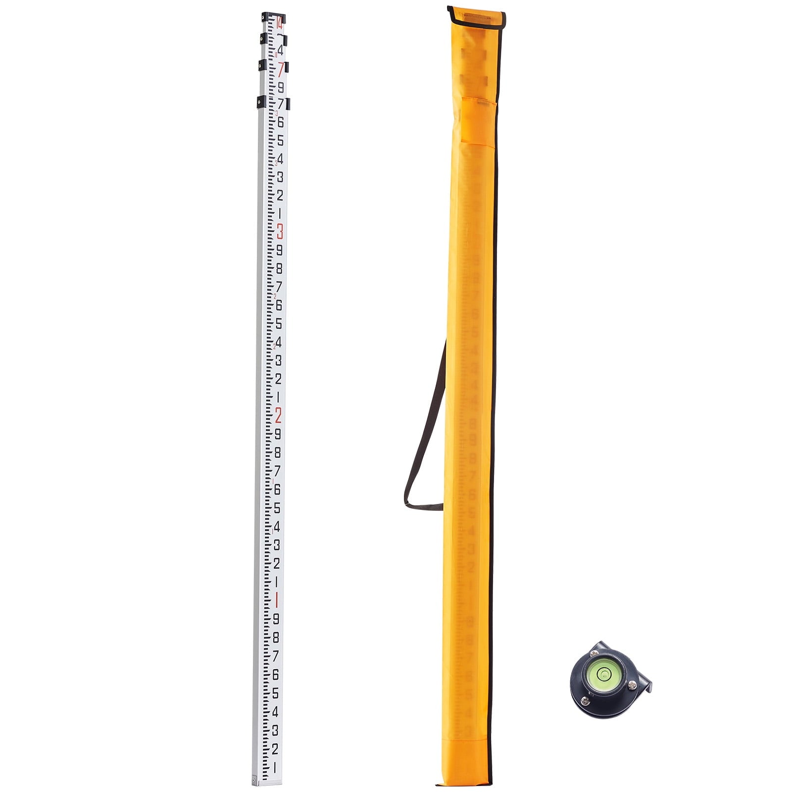 KFFKFF Aluminum Measuring Rod, 14-Foot Telescopic Survey Tool with 6 Sections, Double-Sided Scale in 1/10 ft, Leveling Stick with Bubble Level and Carrying Bag for Construction and Flooring