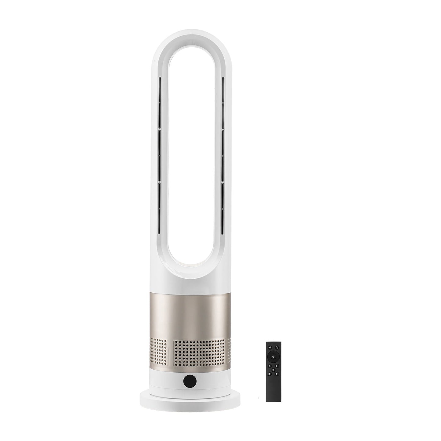 KFFKFF Bladeless Tower Fan, Silent Floor Fan with Cold & Warm Air Output, 80Â° Swiveling Fans with 8 Velocity Levels, 9H Timing, Standalone Fans with Remote for Living Room, Workspace, Residence