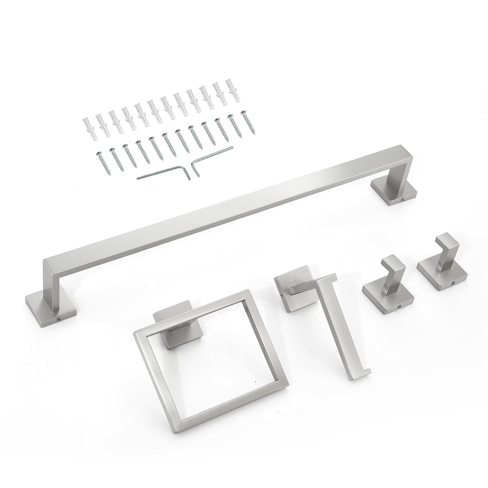 KFFKFF Brushed Nickel Bathroom Hardware Set, 5-Piece Bathroom Accessories Kit, Stainless Steel 24-Inch Towel Bar, Towel Rack, 2 Robe Hooks, Toilet Paper Holder for Bathroom, Wall Installation