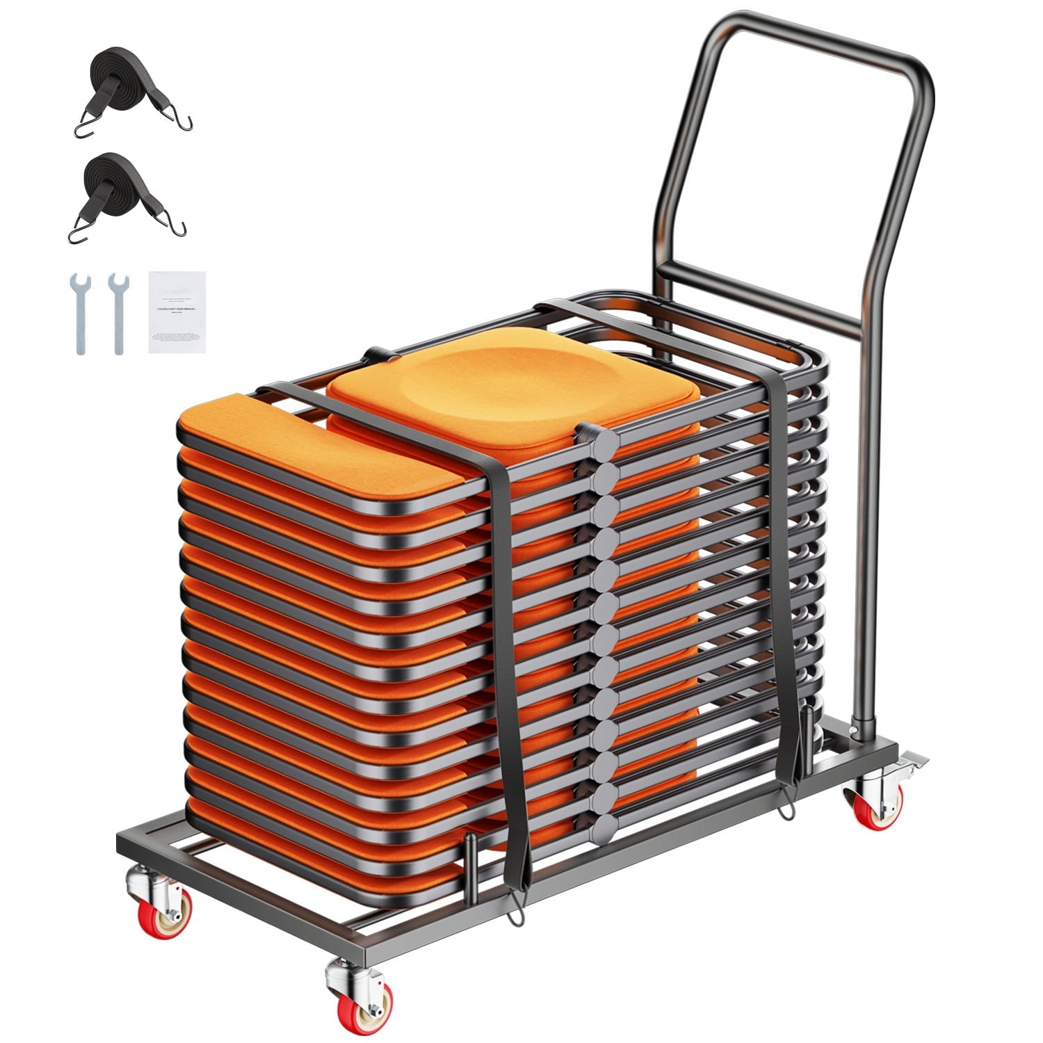 KFFKFF Collapsible Chair Trolley, Supports up to 300 LBS, L-configuration for Horizontal Stacking of 25 Chairs, Robust Metallic Chair Transport Cart with Rubberized Wheels and Brackets