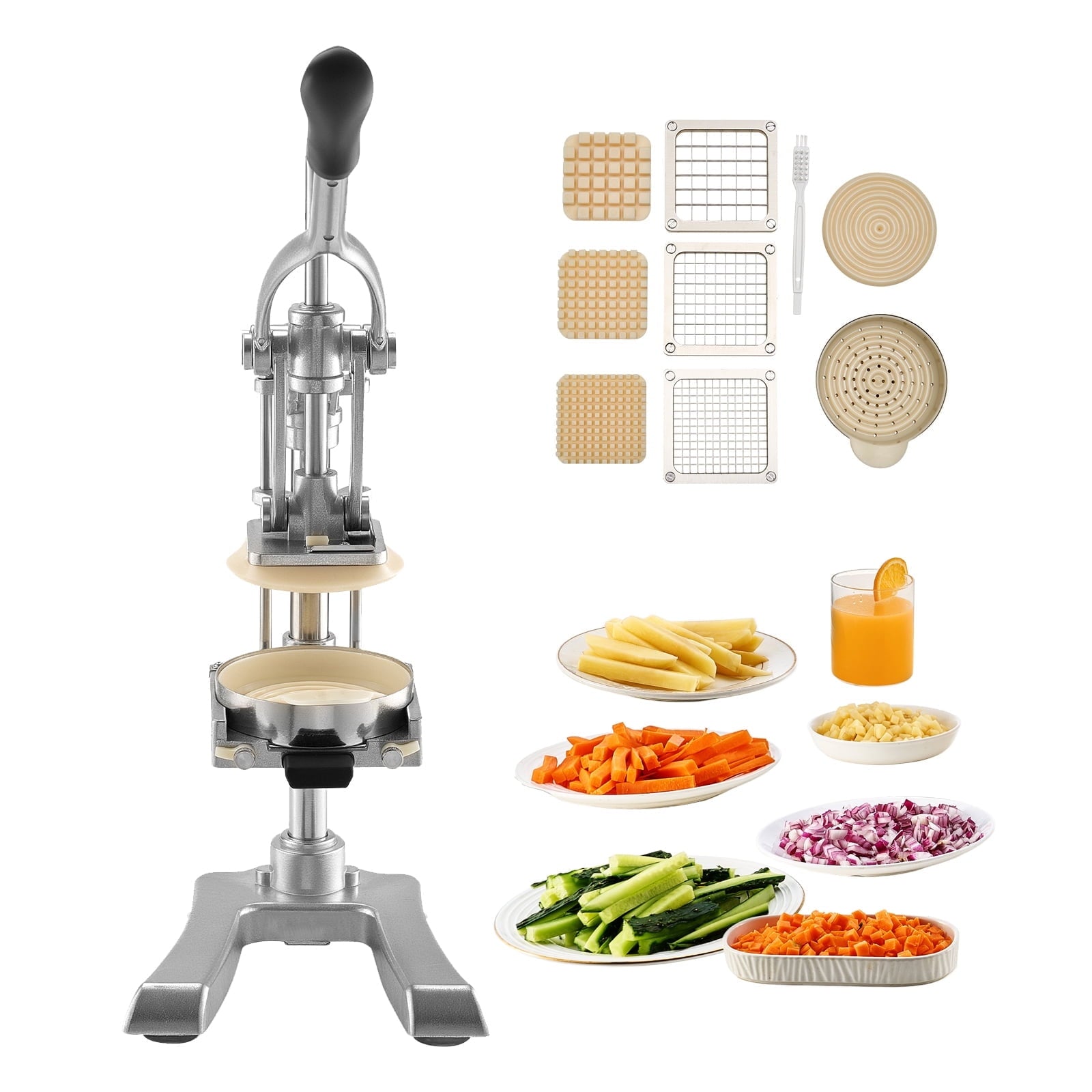 KFFKFF Commercial French Fry Cutter, Stainless Steel Vegetable and Fruit Chopper with 3 Interchangeable Blades (1/2-Inch, 3/8-Inch, 1/4-Inch) and Juicing Blade, Manual Potato Slicer for Home