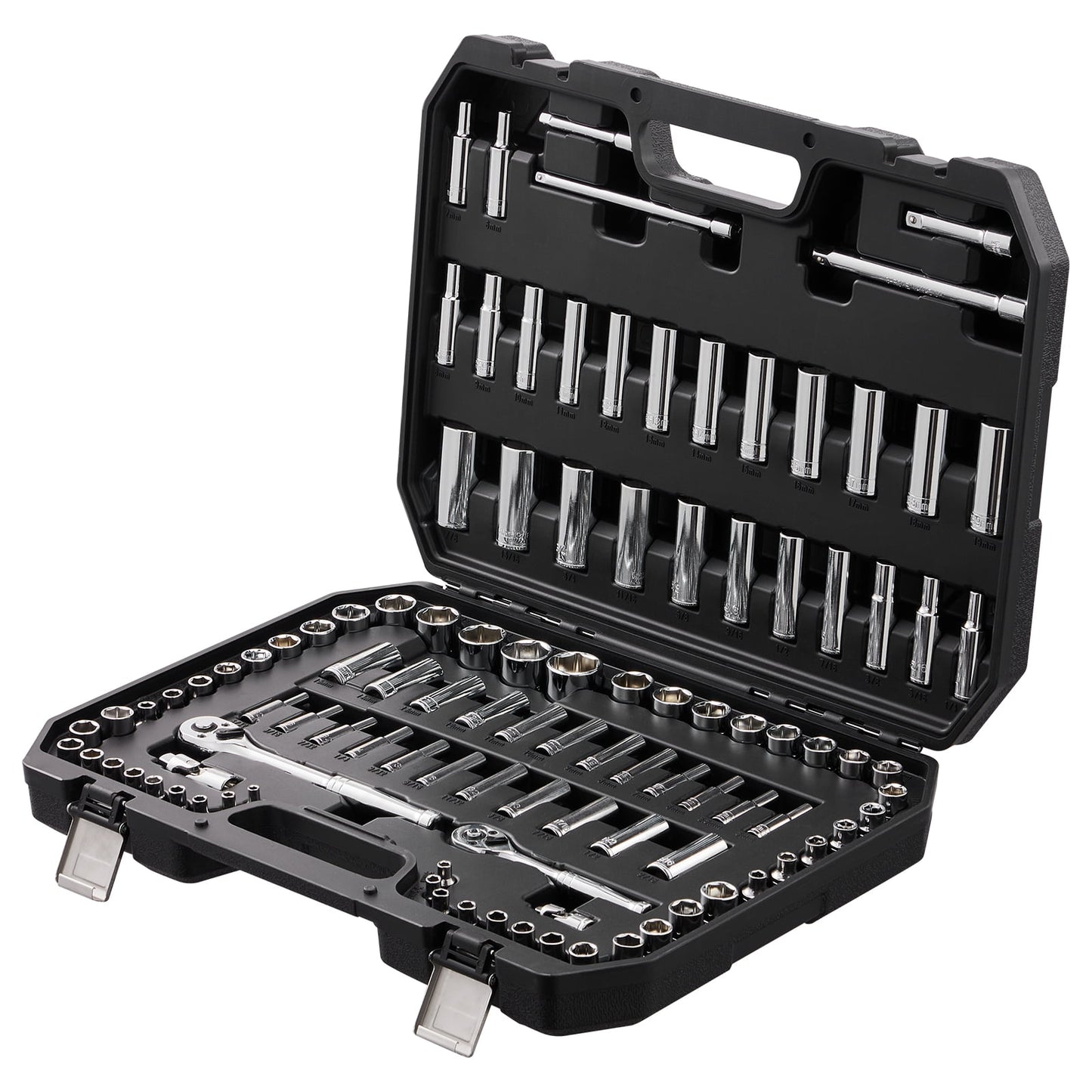 KFFKFF Juego Completo de Casquillos, Kit de Trinquete de TransmisiÃ³n de 1/4" y 3/8" y Casquillo, DiseÃ±o de 6 Puntos, ColecciÃ³n de Herramientas SAE y MÃ©tricas de 106 Piezas, Incluye Casquillos Profundos y EstÃ¡ndar (5/32-1 in, 5-19 mm)