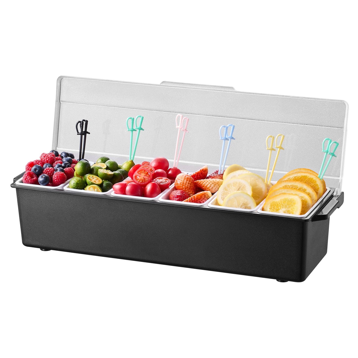 KFFKFF Cool Condiment Holder, 6 Section Ice-Preserved Garnish Serving Tray, Chilled Condiment Bar Organizer with Cover, Ideal for Taco, Salad, Fruit Serving, Home & Restaurant Essentials