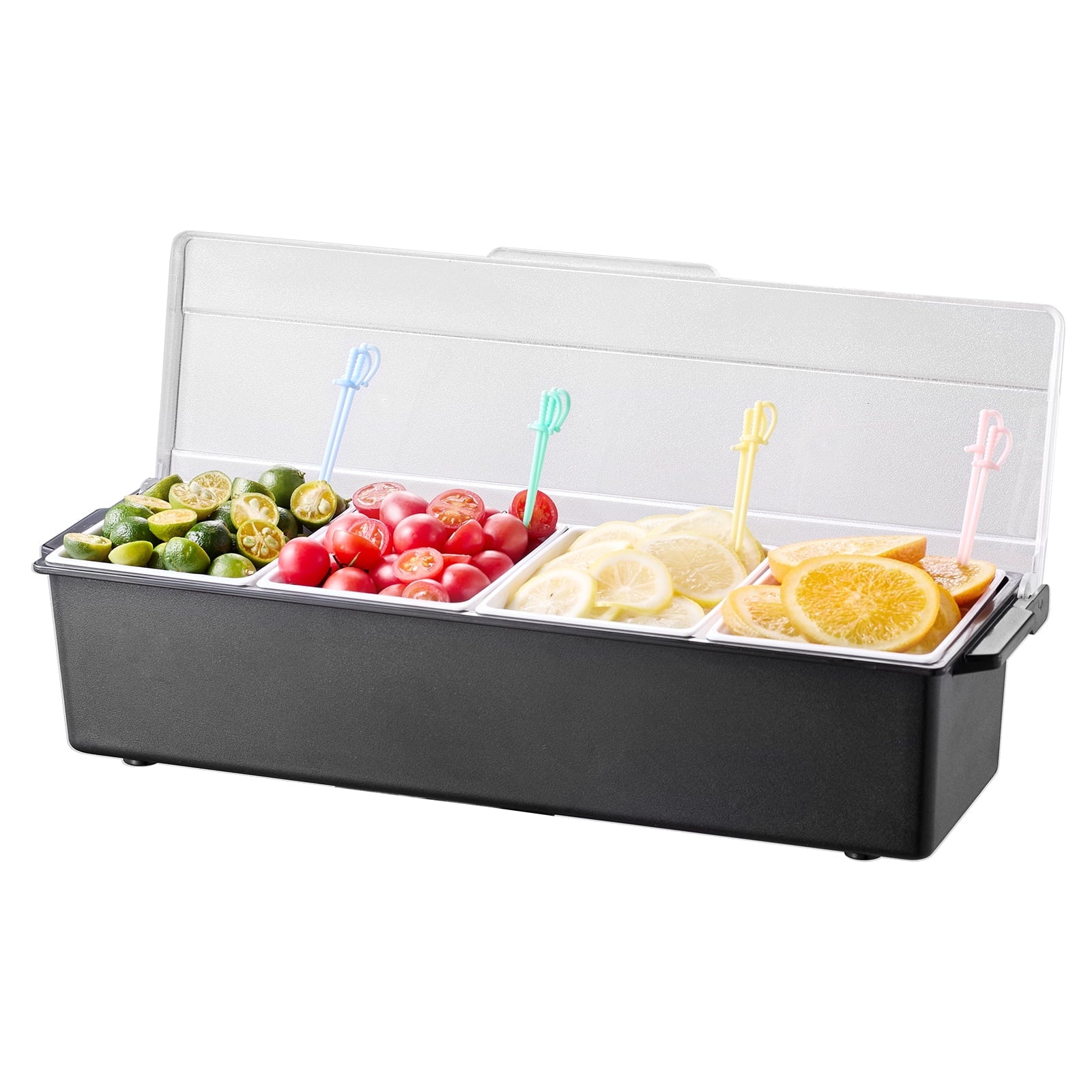 KFFKFF Cool Condiment Holder, Quad-Section Ice-Preserved Condiment Storage Unit, Cool Garnish Tray Bar Organizer with Cover, Ideal for Bartending, Taco, Salad, Fruit Serving